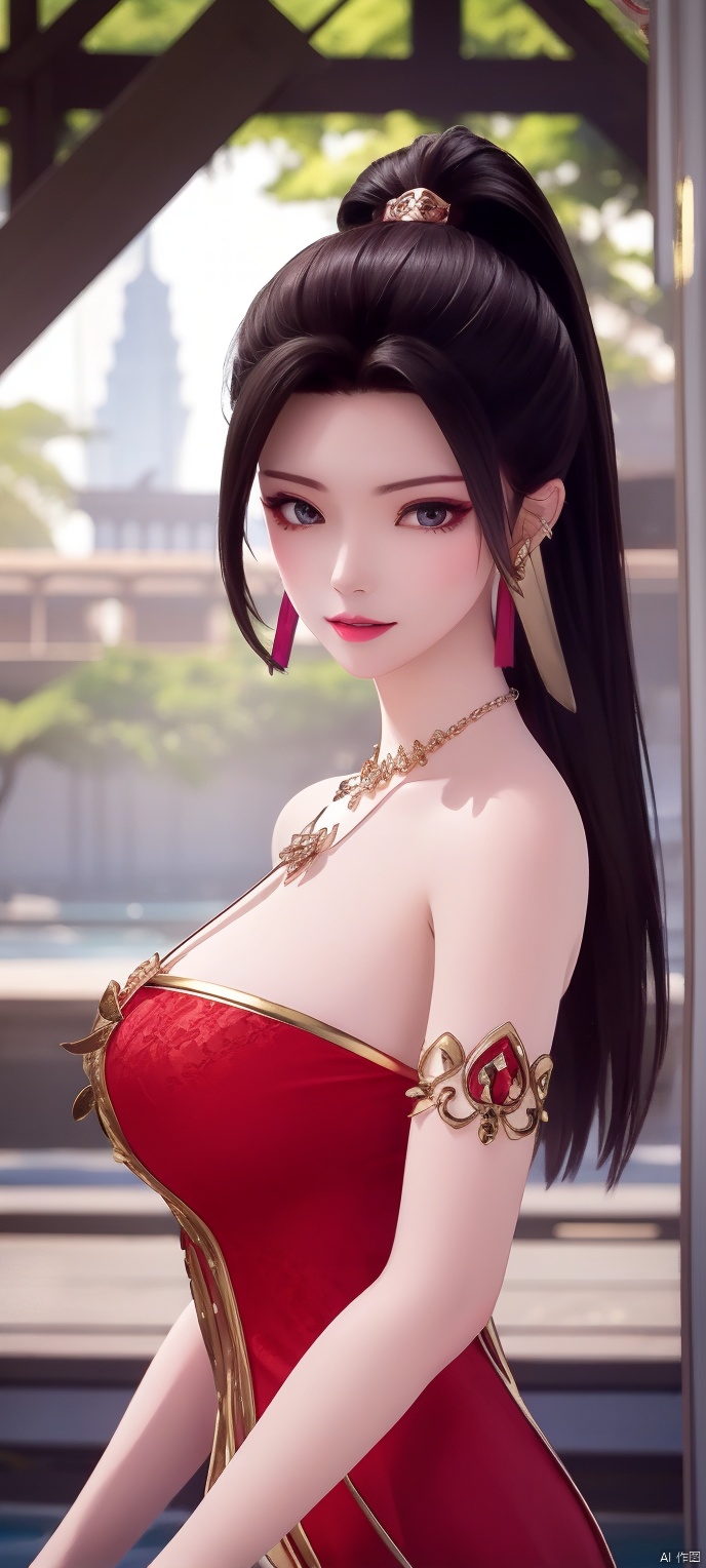 lingmeier, red dress, solo, jewelry, dress, looking at viewer, earrings, necklace, hair ornament, black hair, cowboy_shot, realistic,masterpiece,best quality