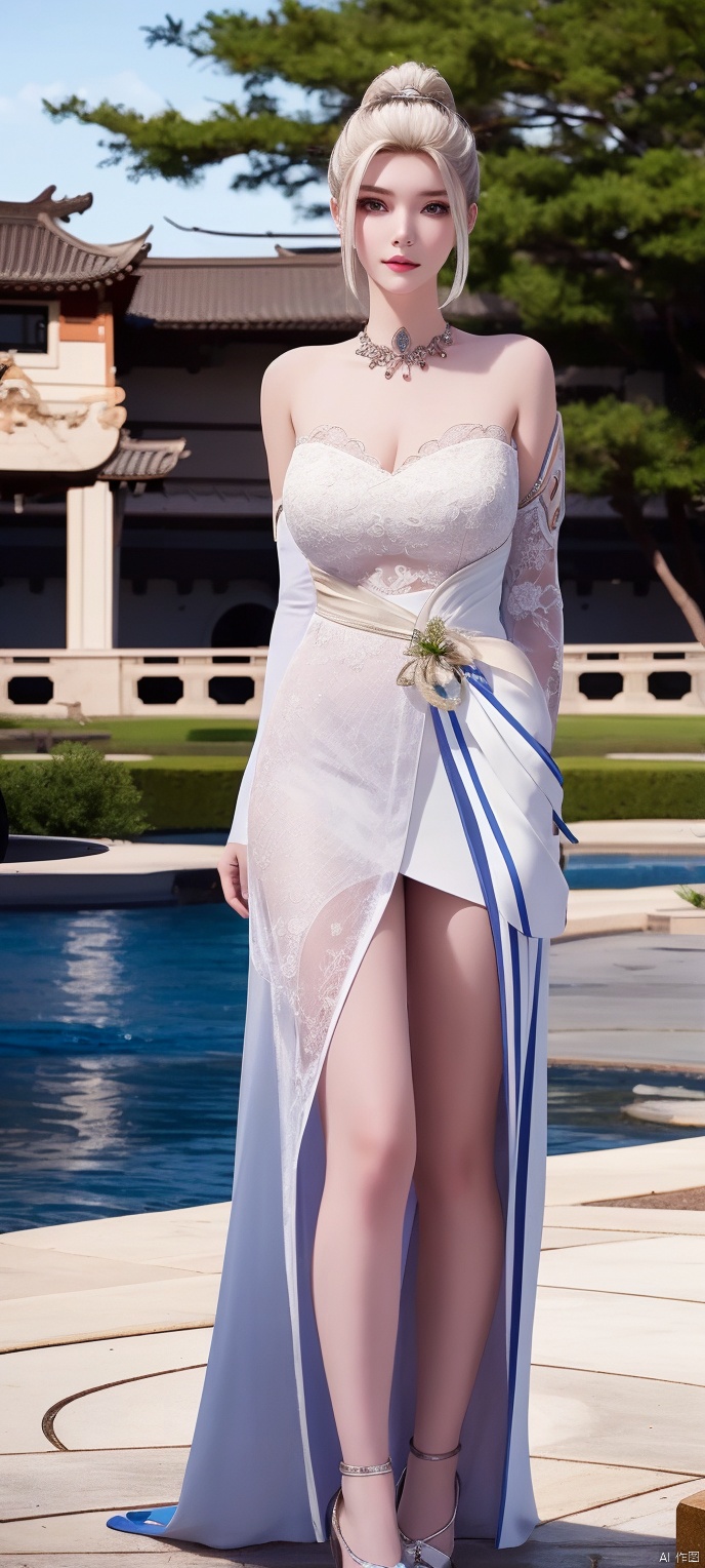  lingmeier, 1girl, solo, looking at viewer,see-through wedding dress , white hair, cowboy_shot, realistic,masterpiece,best quality