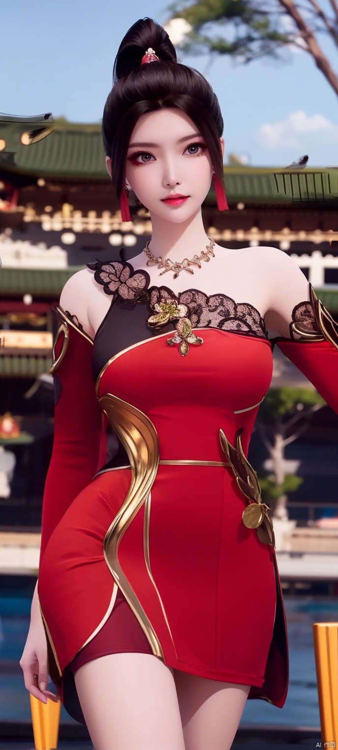  lingmeier, red dress, solo, jewelry, dress, looking at viewer, earrings, necklace, hair ornament, black hair, cowboy_shot, realistic,masterpiece,best quality