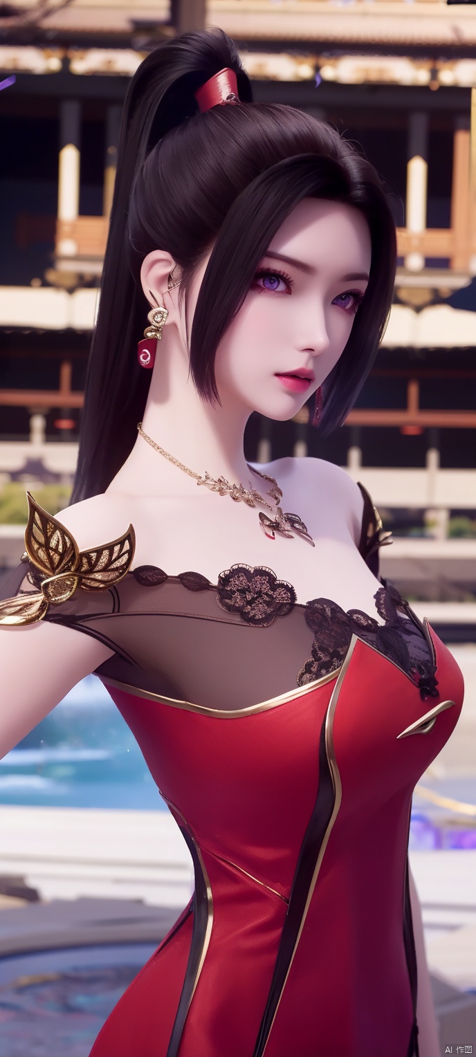 lingmeier, solo, red dress, jewelry, dress, looking at viewer, earrings, purple eyes, necklace, hair ornament, black hair, cowboy_shot, realistic,masterpiece,best quality
