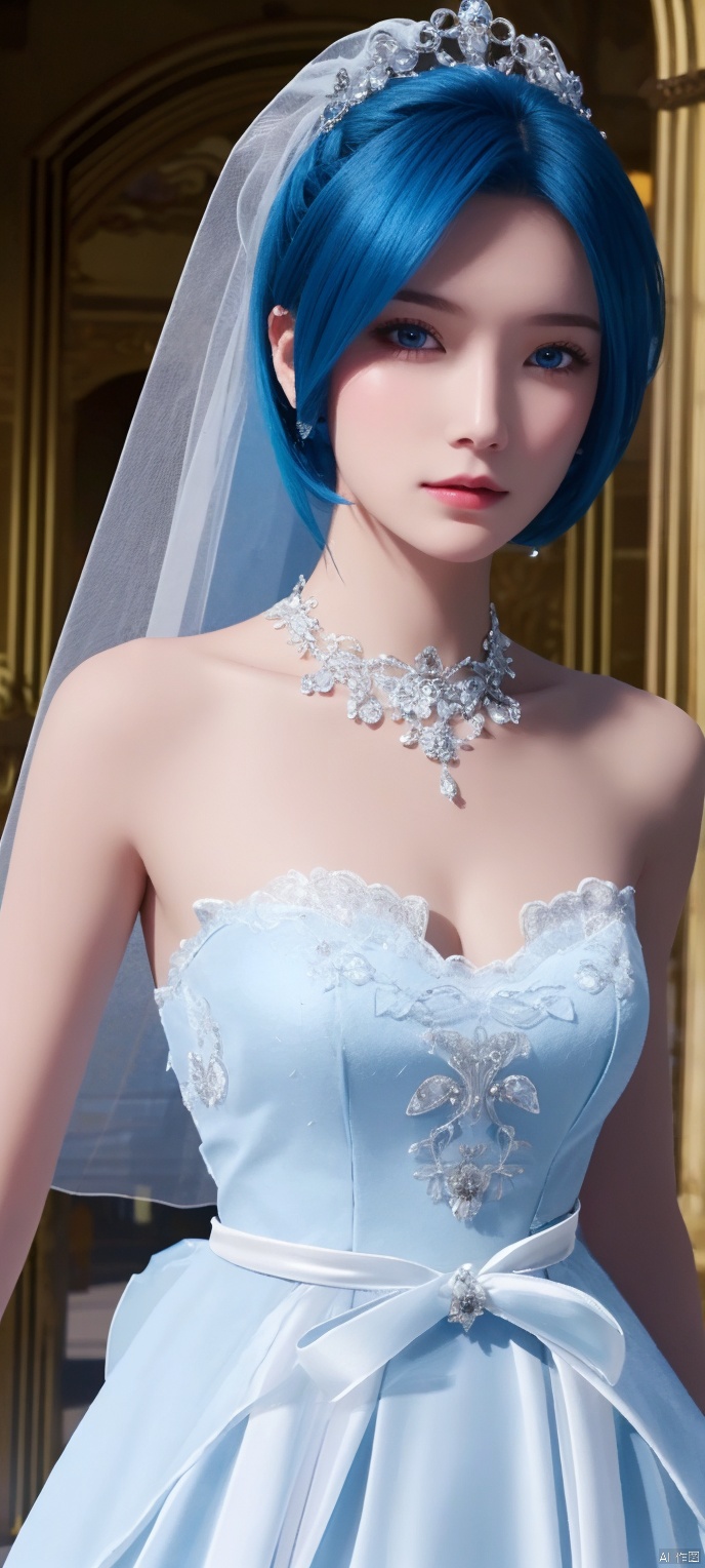 lingmeier, 1girl, blue wedding dress, (blue_hair:1.2) , solo, looking at viewer, cowboy_shot, realistic,masterpiece,best quality,