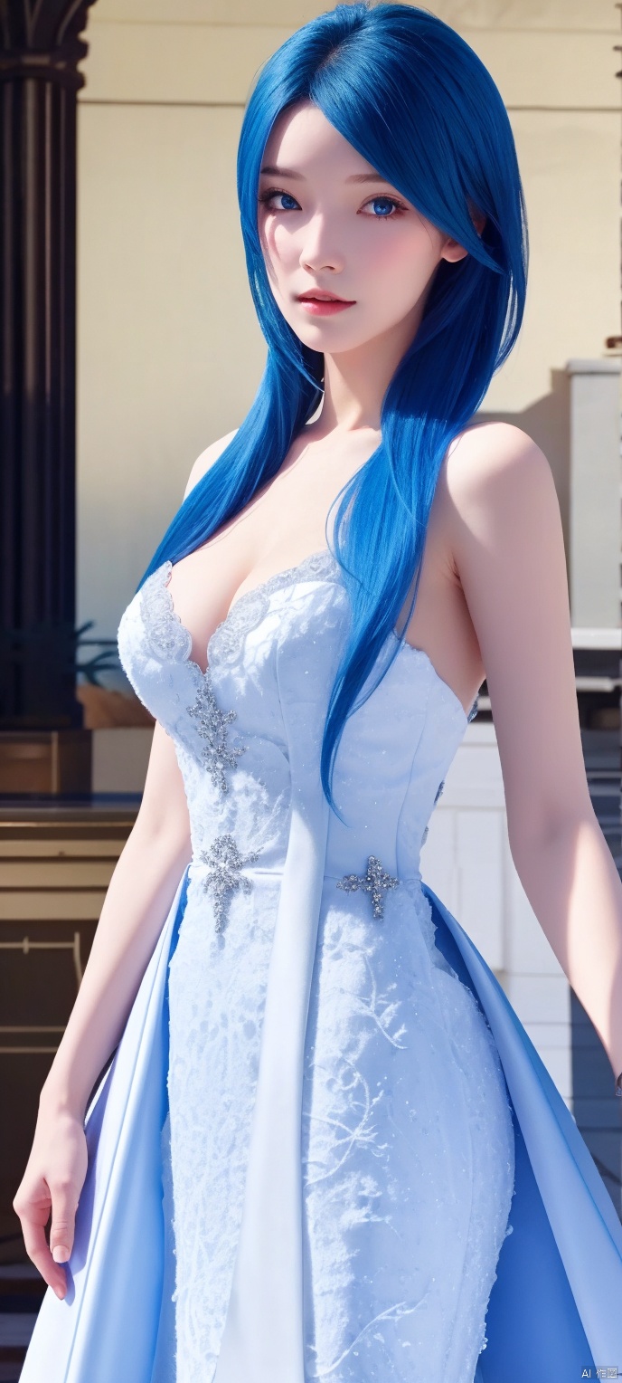 lingmeier, 1girl, blue wedding dress, (blue_hair:1.2) , solo, looking at viewer, cowboy_shot, realistic,masterpiece,best quality,