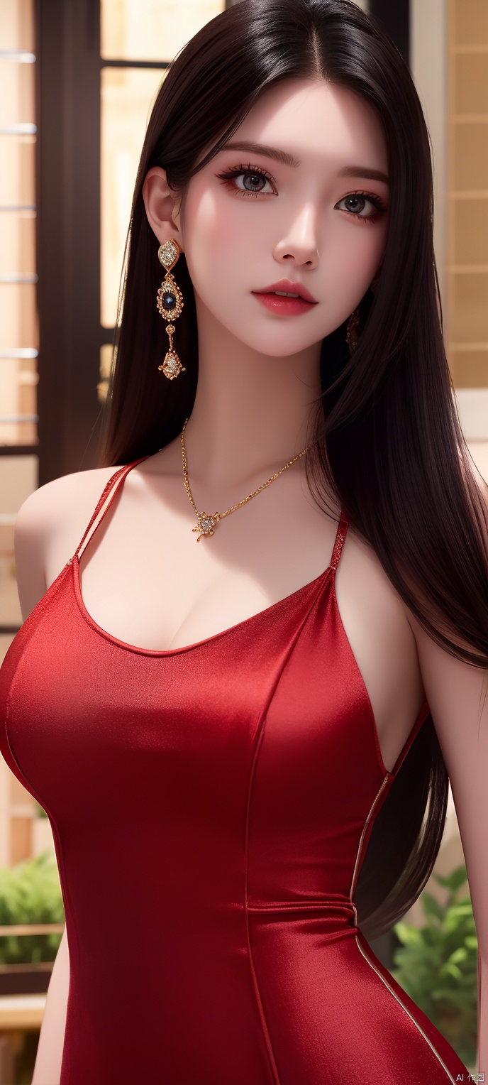  lingmeier, red dress, solo, jewelry, dress, looking at viewer, earrings, necklace, hair ornament, black hair, cowboy_shot, realistic,masterpiece,best quality