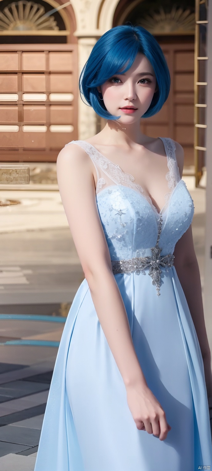 lingmeier, 1girl, blue wedding dress, (blue_hair:1.2) , solo, looking at viewer, cowboy_shot, realistic,masterpiece,best quality,