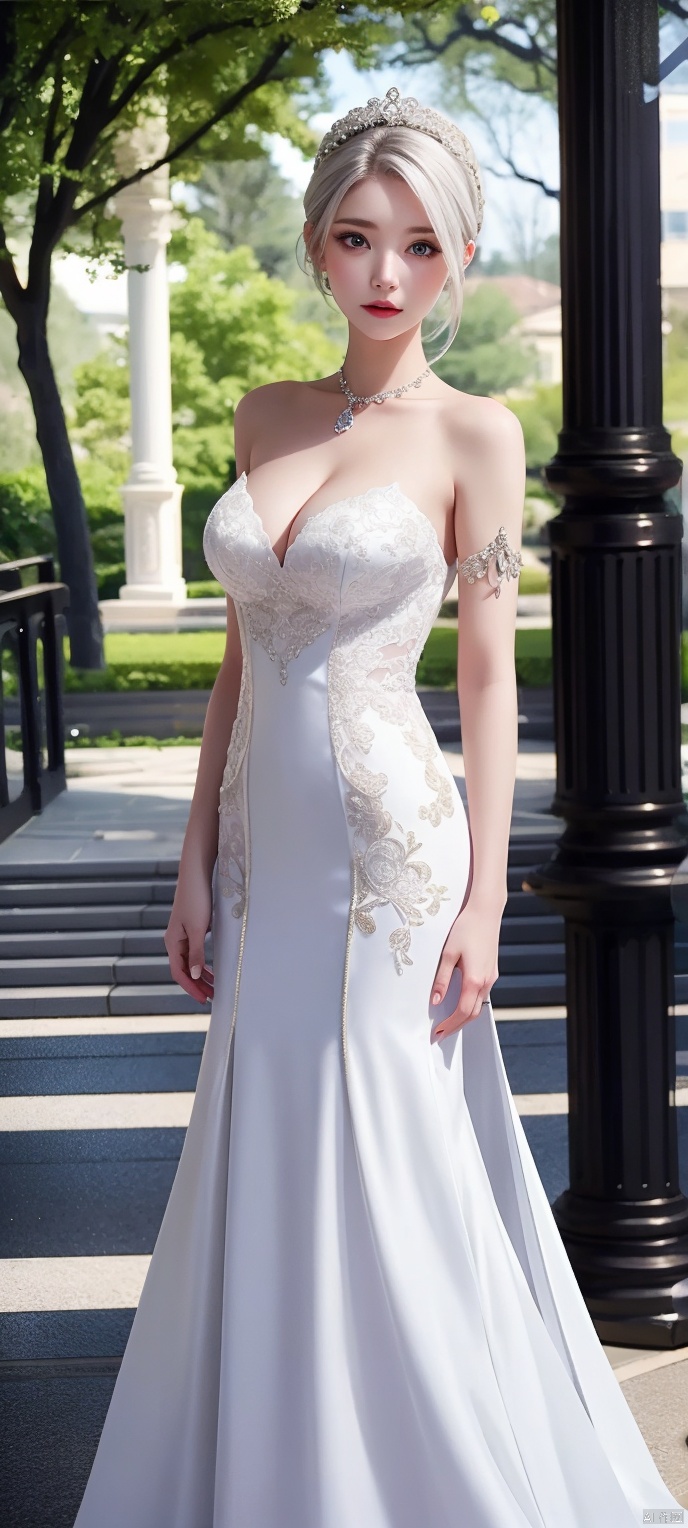  lingmeier, 1girl, solo, looking at viewer, wedding dress , white hair, cowboy_shot, realistic,masterpiece,best quality