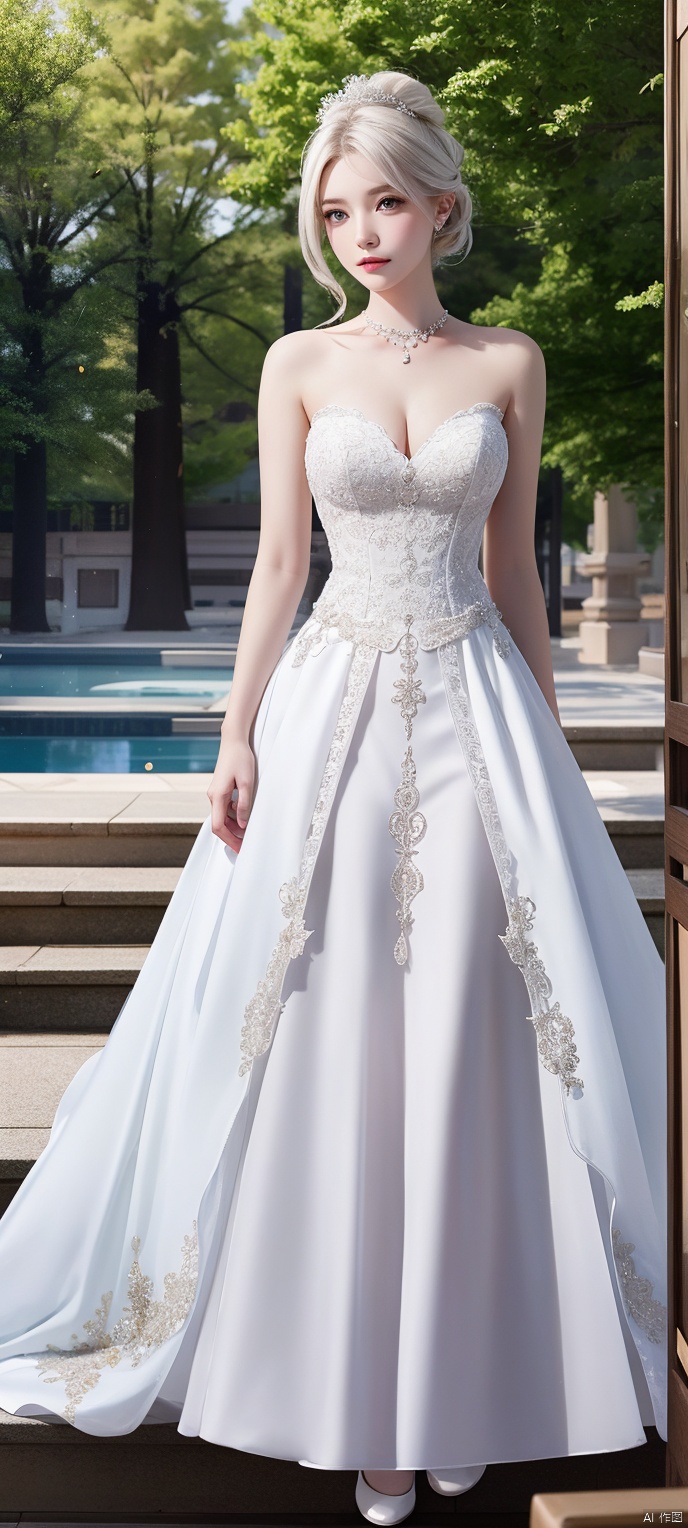  lingmeier, 1girl, solo, looking at viewer, wedding dress , white hair, cowboy_shot, realistic,masterpiece,best quality