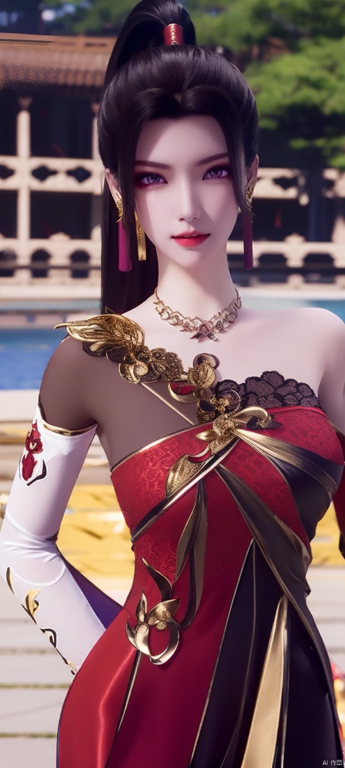 lingmeier, solo, red dress, jewelry, dress, looking at viewer, earrings, purple eyes, necklace, hair ornament, black hair, cowboy_shot, realistic,masterpiece,best quality