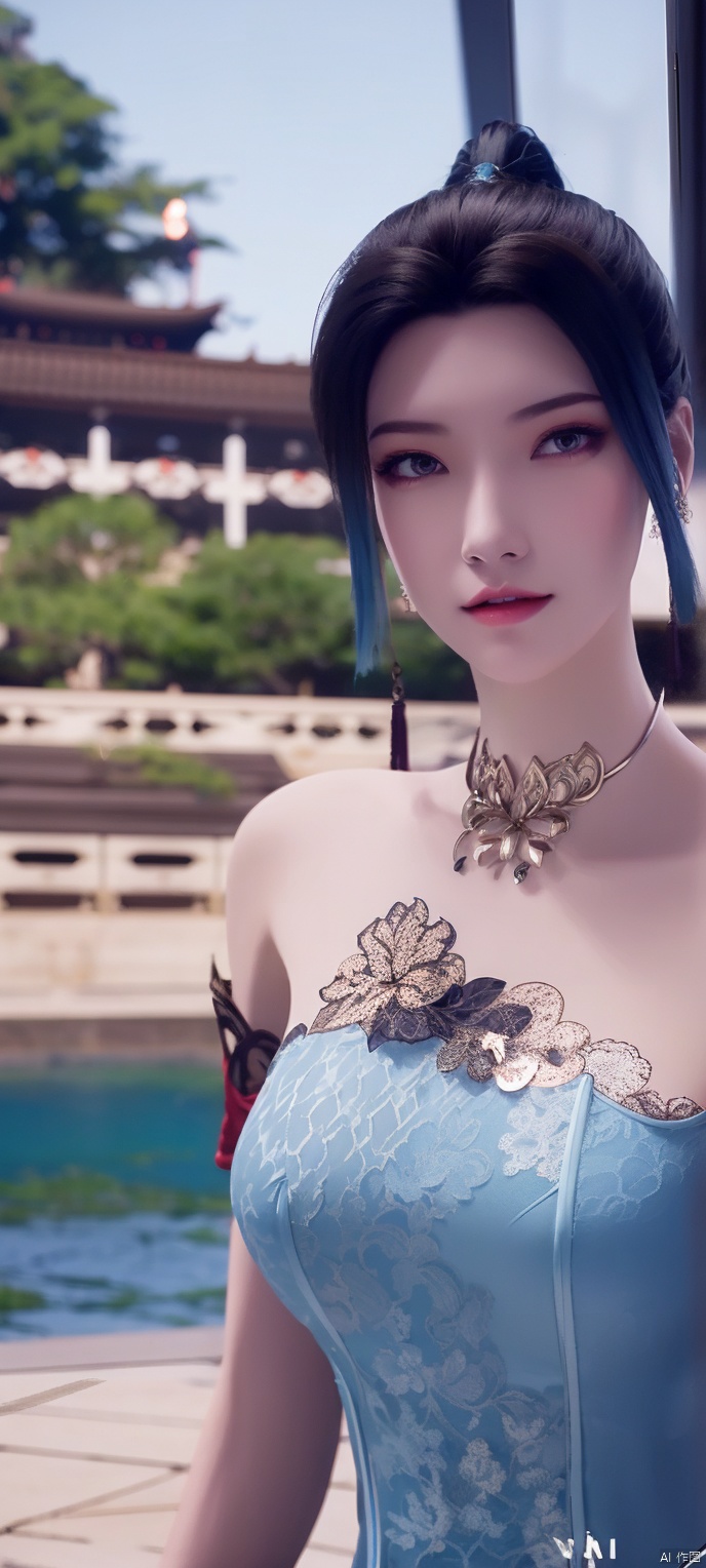 lingmeier, 1girl, blue wedding dress, (blue_hair:1.2) , solo, looking at viewer, cowboy_shot, realistic,masterpiece,best quality,