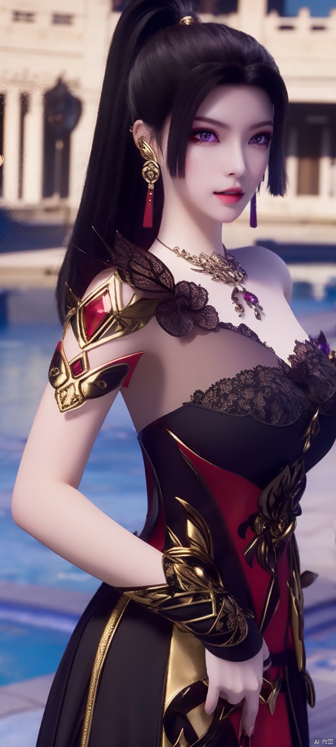 lingmeier, solo, red black dress, jewelry, dress, looking at viewer, earrings, purple eyes, necklace, hair ornament, black hair, cowboy_shot, realistic,masterpiece,best quality