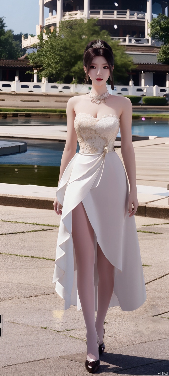 lingmeier, 1girl, solo, wedding dress, pantyhose, looking at viewer, cowboy_shot, realistic,masterpiece,best quality
