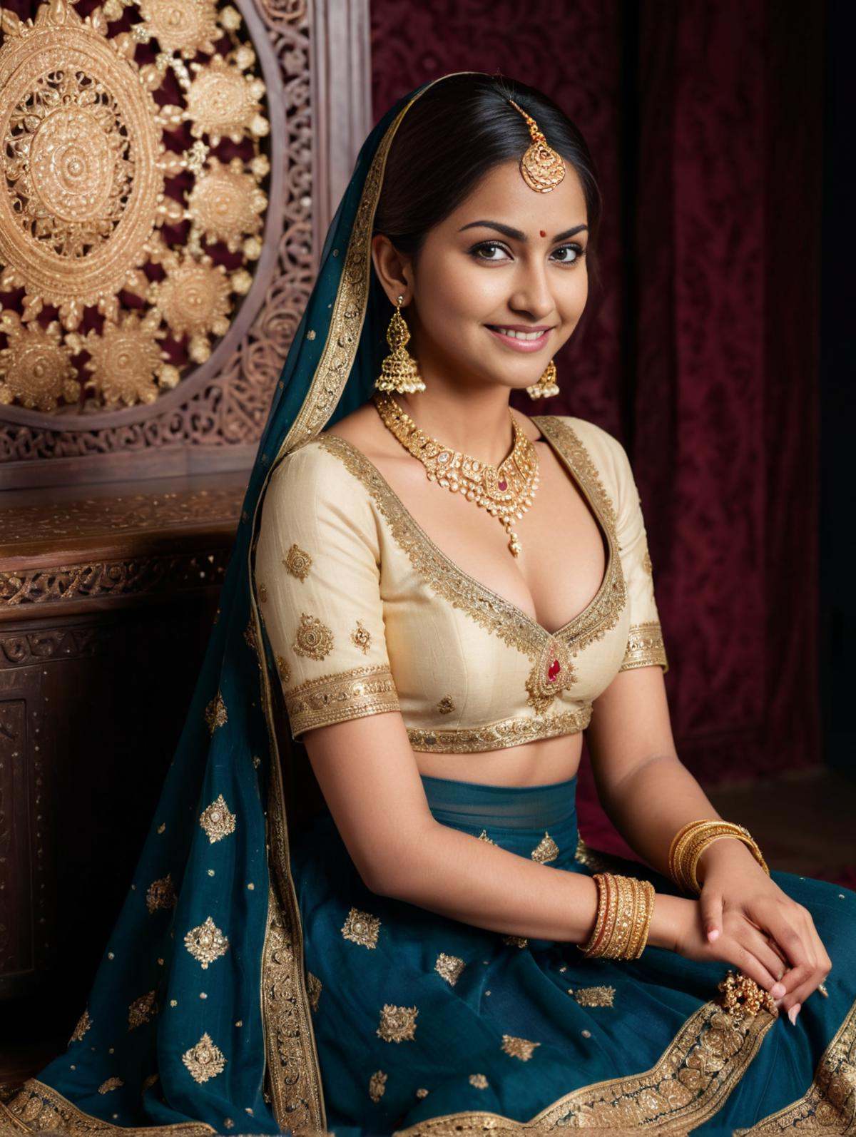 An Indian female model,  indoor studio,  wearing a traditional Muslim wedding lehenga and golden jewelry on Tensor.Art