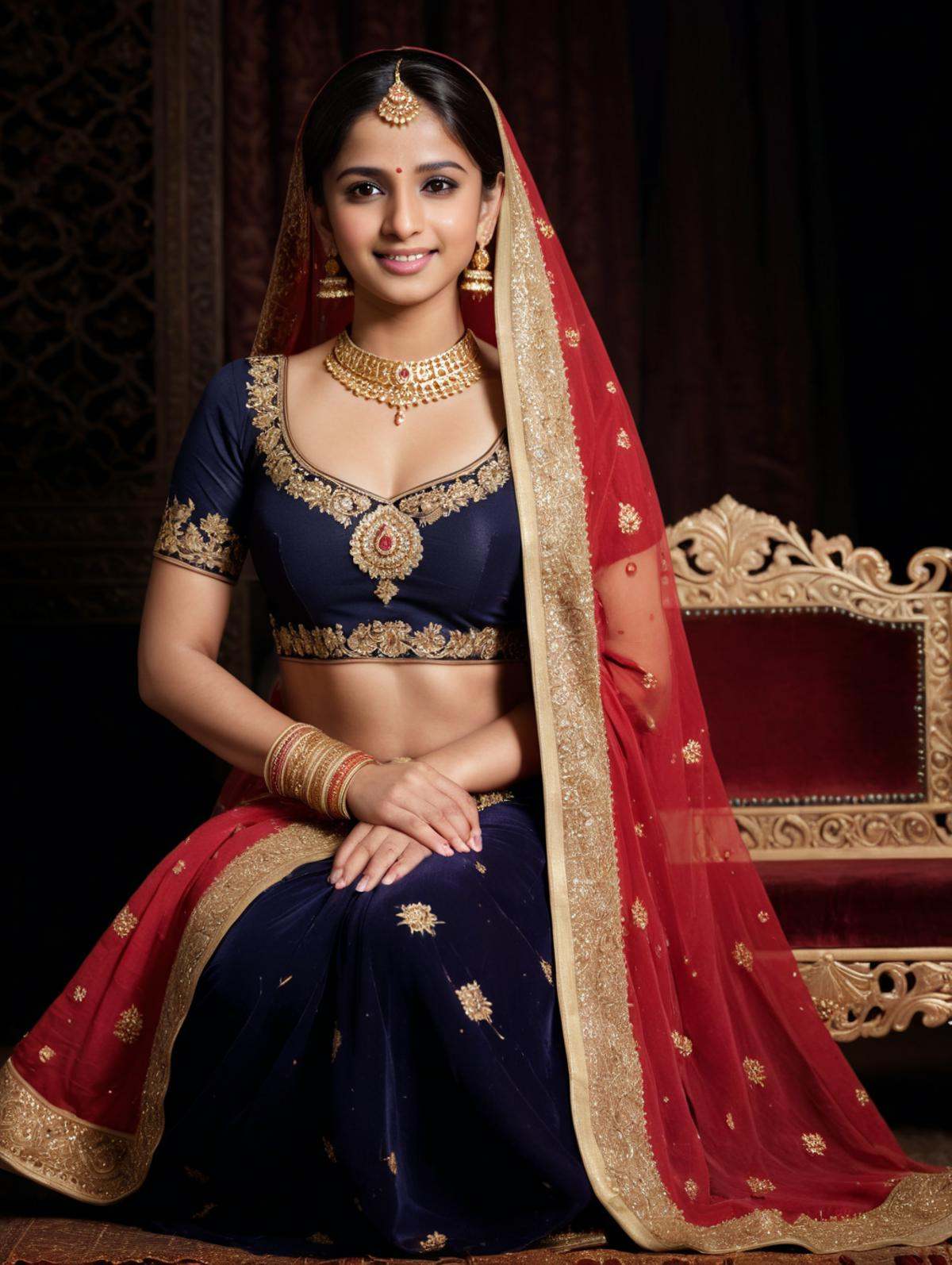 An Indian female model,  indoor studio,  wearing a traditional Muslim wedding lehenga and golden jewelry on Tensor.Art
