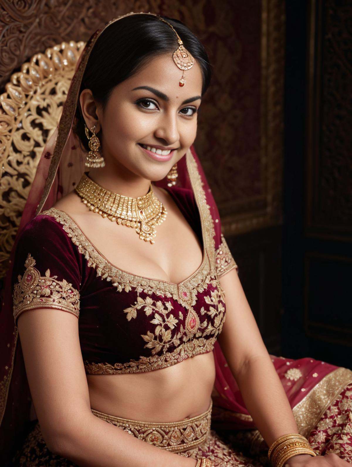 An Indian female model,  indoor studio,  wearing a traditional Muslim wedding lehenga and golden jewelry on Tensor.Art