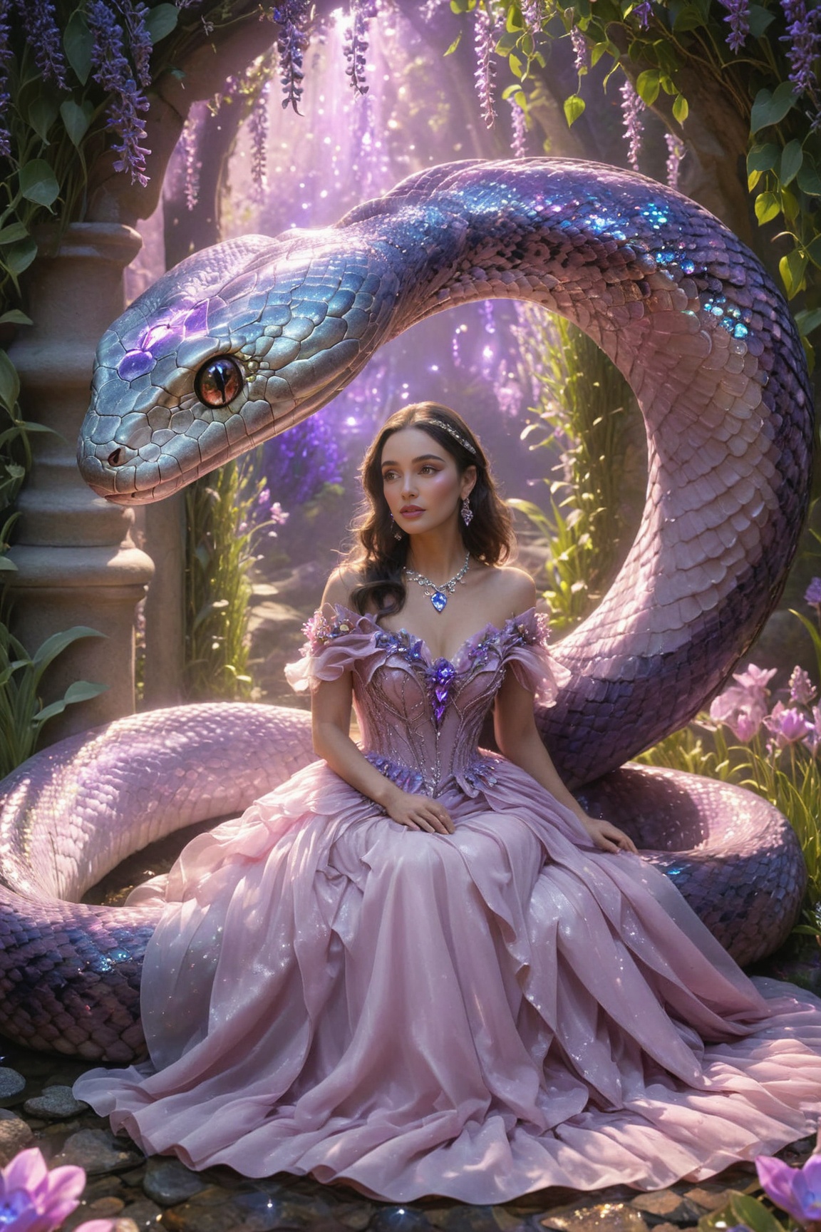 A woman adorned in a soft pink gown,  seated in a fairytale garden with blooming flowers and a cobblestone path. She is ac...