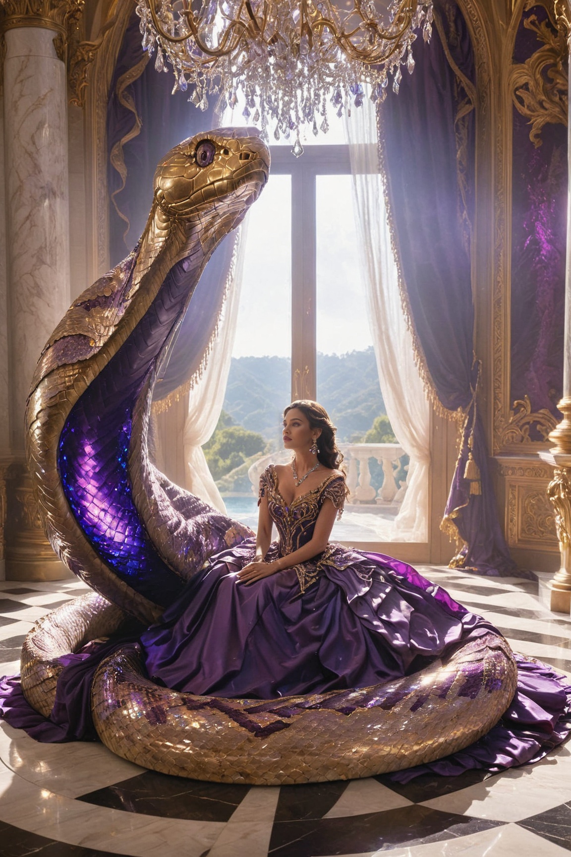 A woman adorned in a royal purple gown,  seated in a lavish ballroom with grand,  marble floors. She is accompanied by a l...