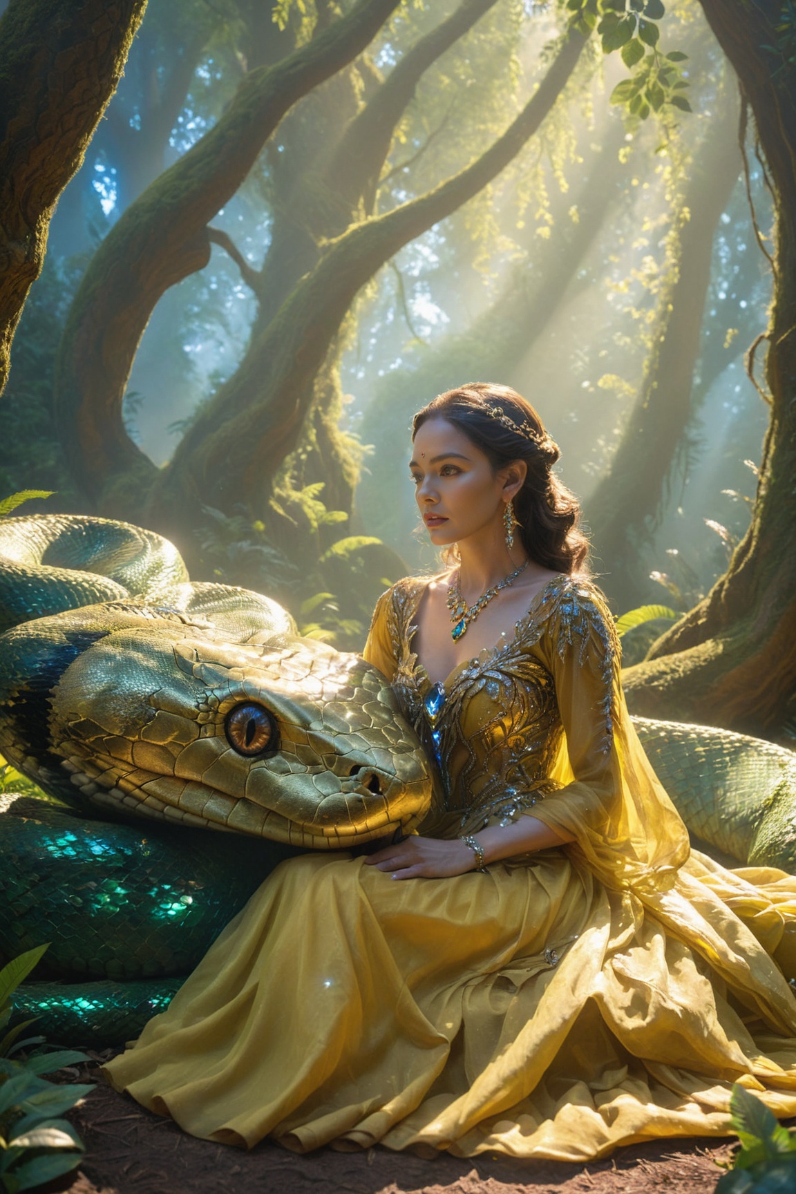 A woman adorned in a golden yellow gown,  seated in a lush forest clearing with tall,  ancient trees. She is accompanied b...