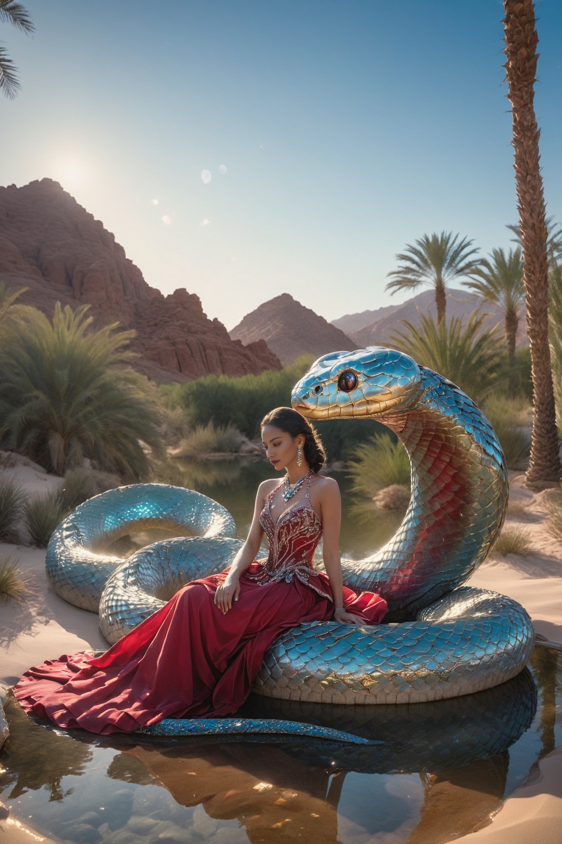 A woman adorned in a crimson gown,  seated in a desert oasis with palm trees and a serene pond. She is accompanied by a la...