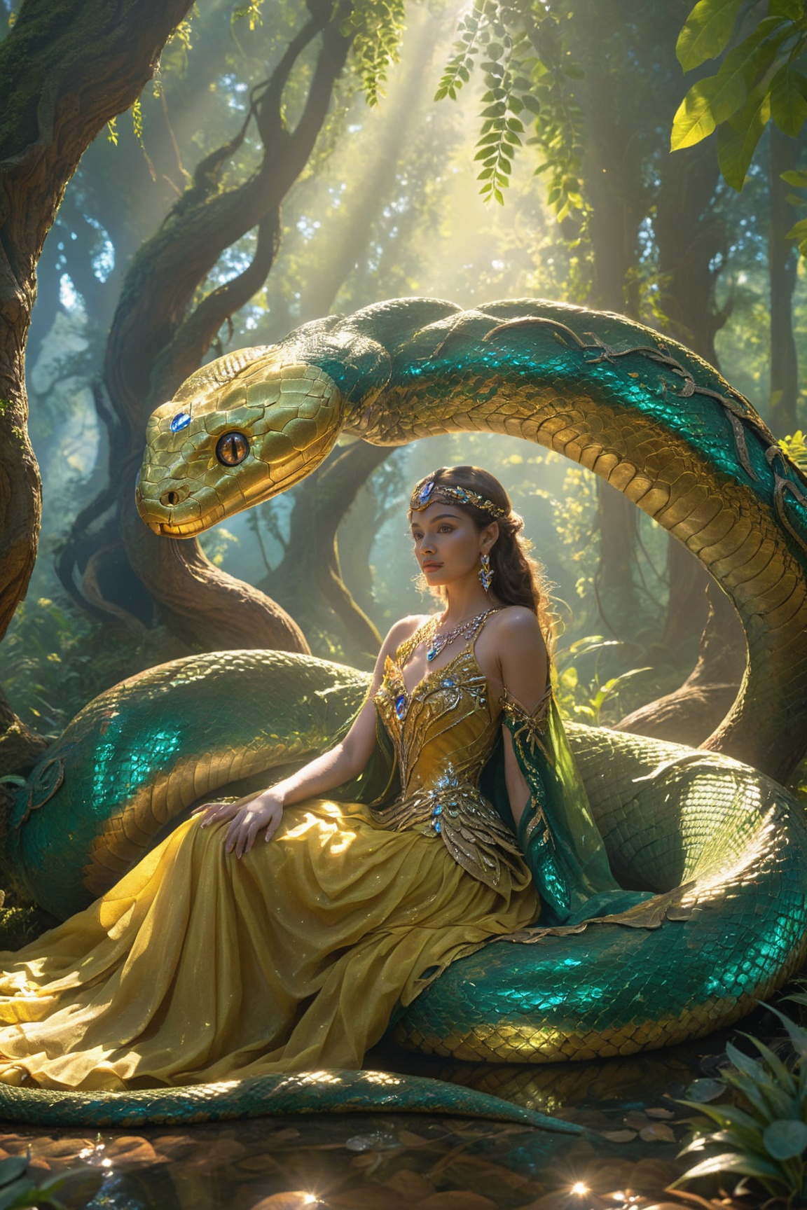 A woman adorned in a golden yellow gown,  seated in a lush forest clearing with tall,  ancient trees. She is accompanied b...