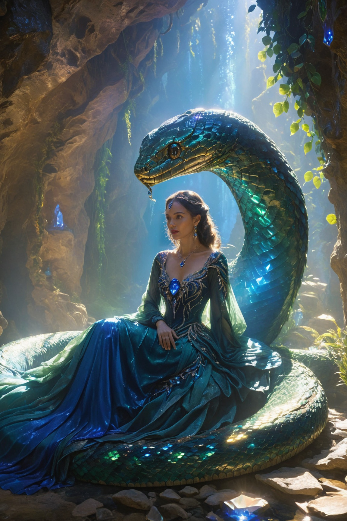 A woman adorned in a deep green gown,  seated in a mystical cave with glowing crystals embedded in the walls. She is accom...