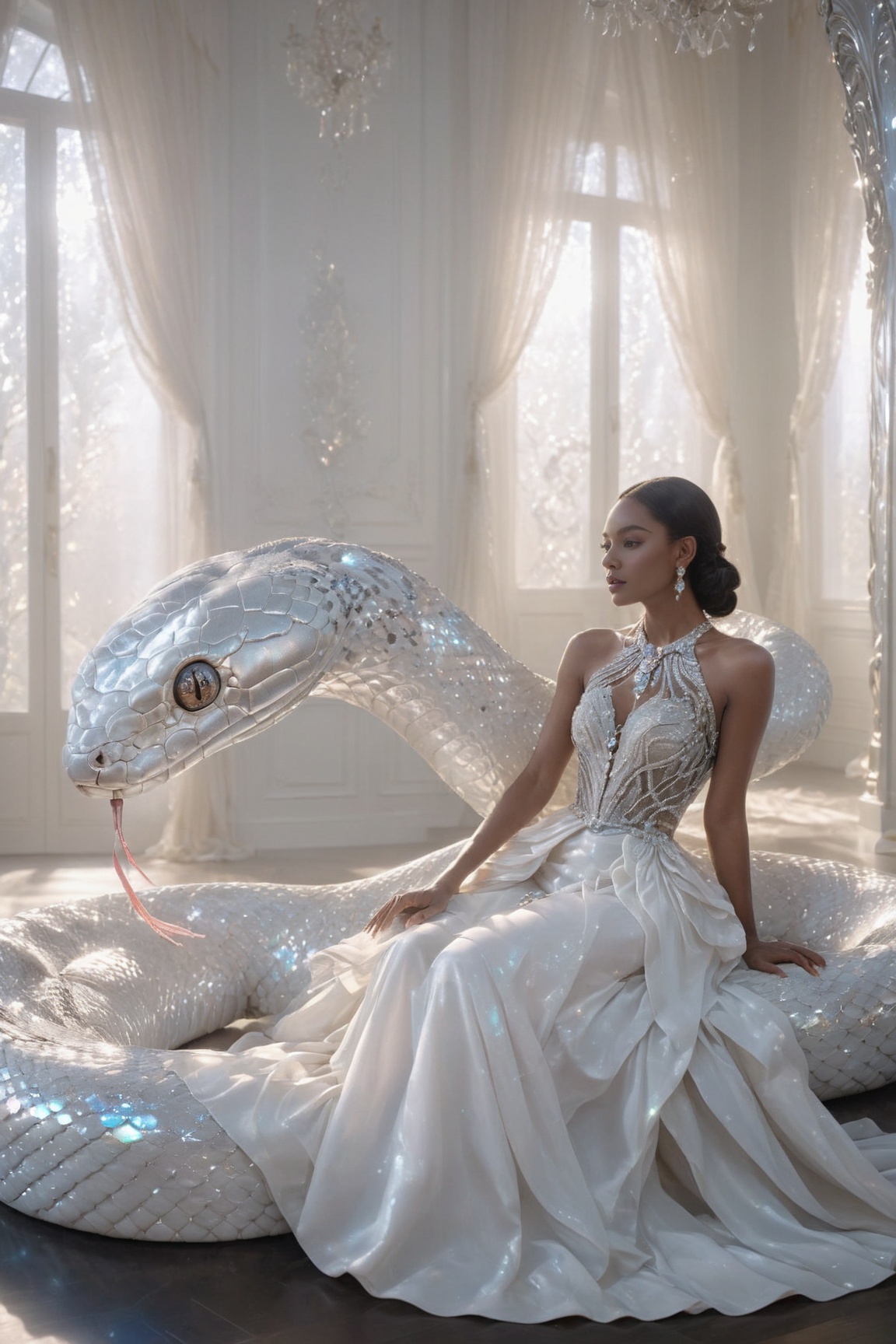 A woman adorned in a silvery white gown,  seated in a modern,  minimalist room with sleek on Tensor.Art