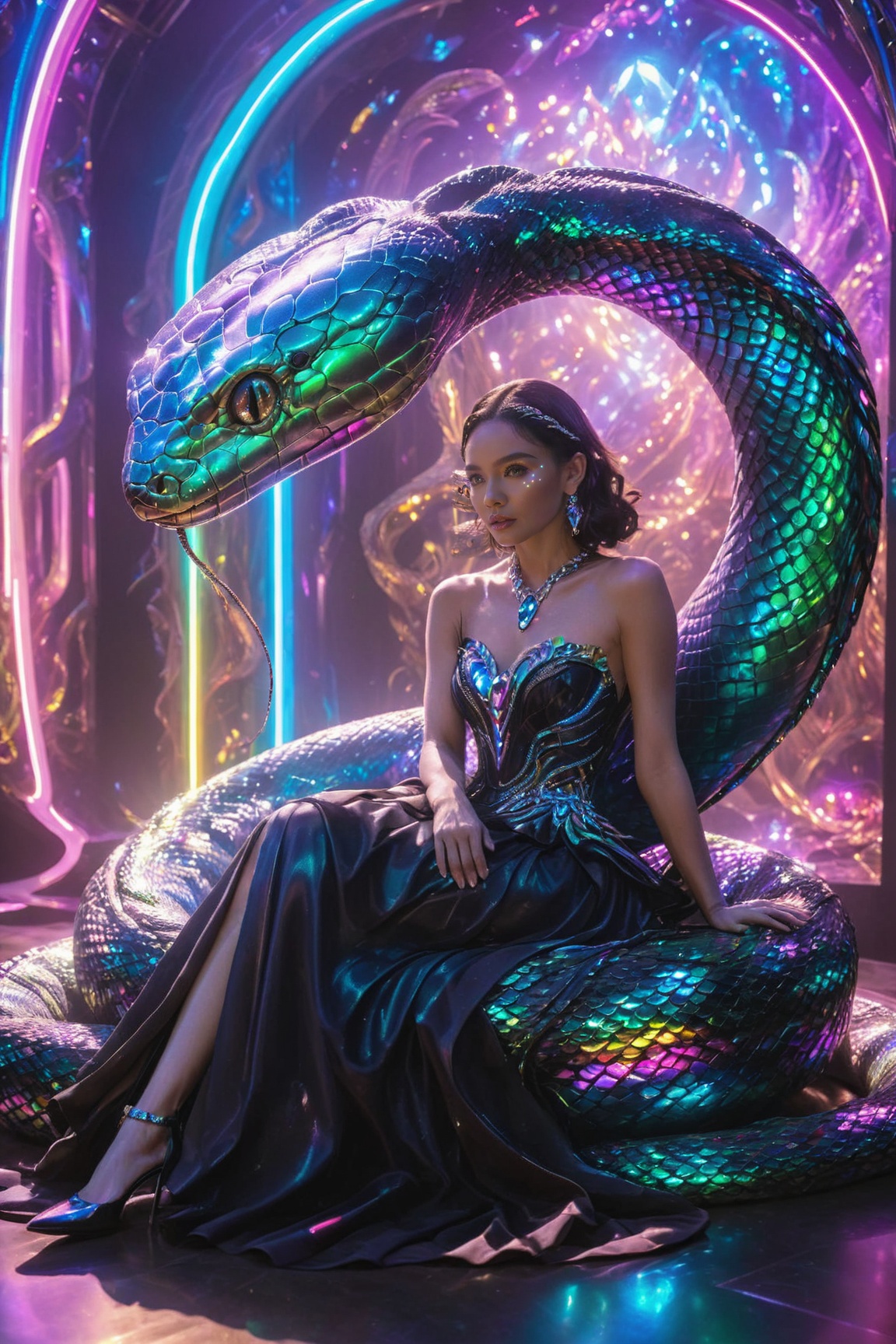 A woman adorned in a midnight black gown,  seated in a futuristic room with holographic displays. She is accompanied by a...
