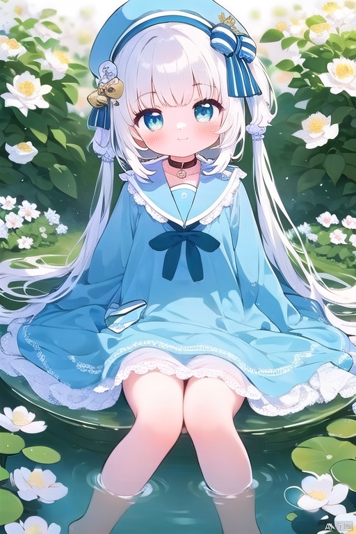 1girl, solo, long hair, looking at viewer, blush, smile, bangs, blue eyes, hair ornament, long sleeves, hat, dress, sitting, very long hair, closed mouth, full body, flower, grey hair, frills, barefoot, wide sleeves, sailor collar,  white dress, sleeves past wrists, animal, beret, white headwear, frilled dress, white flower, frilled sleeves, blue sailor collar, sailor dress, lily pad,In white flower field,with white hair, blue eyes, bare feet, and bells on her feet, loli,ogasawara_cat,blue dress,niji,cuteloli,girl, nai