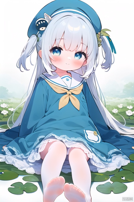 1girl, solo, long hair, looking at viewer, blush, smile, bangs, blue eyes, hair ornament, long sleeves, hat, dress, sitting, very long hair, closed mouth, full body, flower, grey hair, frills, barefoot, wide sleeves, sailor collar,  white dress, sleeves past wrists, animal, beret, white headwear, frilled dress, white flower, frilled sleeves, blue sailor collar, sailor dress, lily pad,In white flower field,with white hair, blue eyes, bare feet, and bells on her feet, loli,ogasawara_cat,blue dress,niji,cuteloli,girl, nai