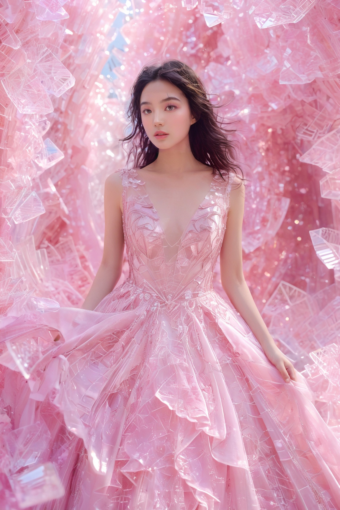 A young woman amidst a mesmerizing backdrop of shattered crystal-like structures. She wears a delicate pink gown adorned w...