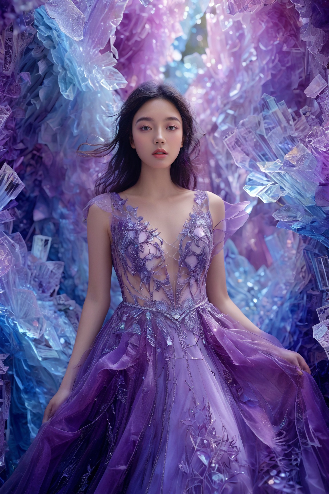 A young woman surrounded by vibrant,  crystalline structures. She wears a flowing,  purple gown adorned with intricate lac...