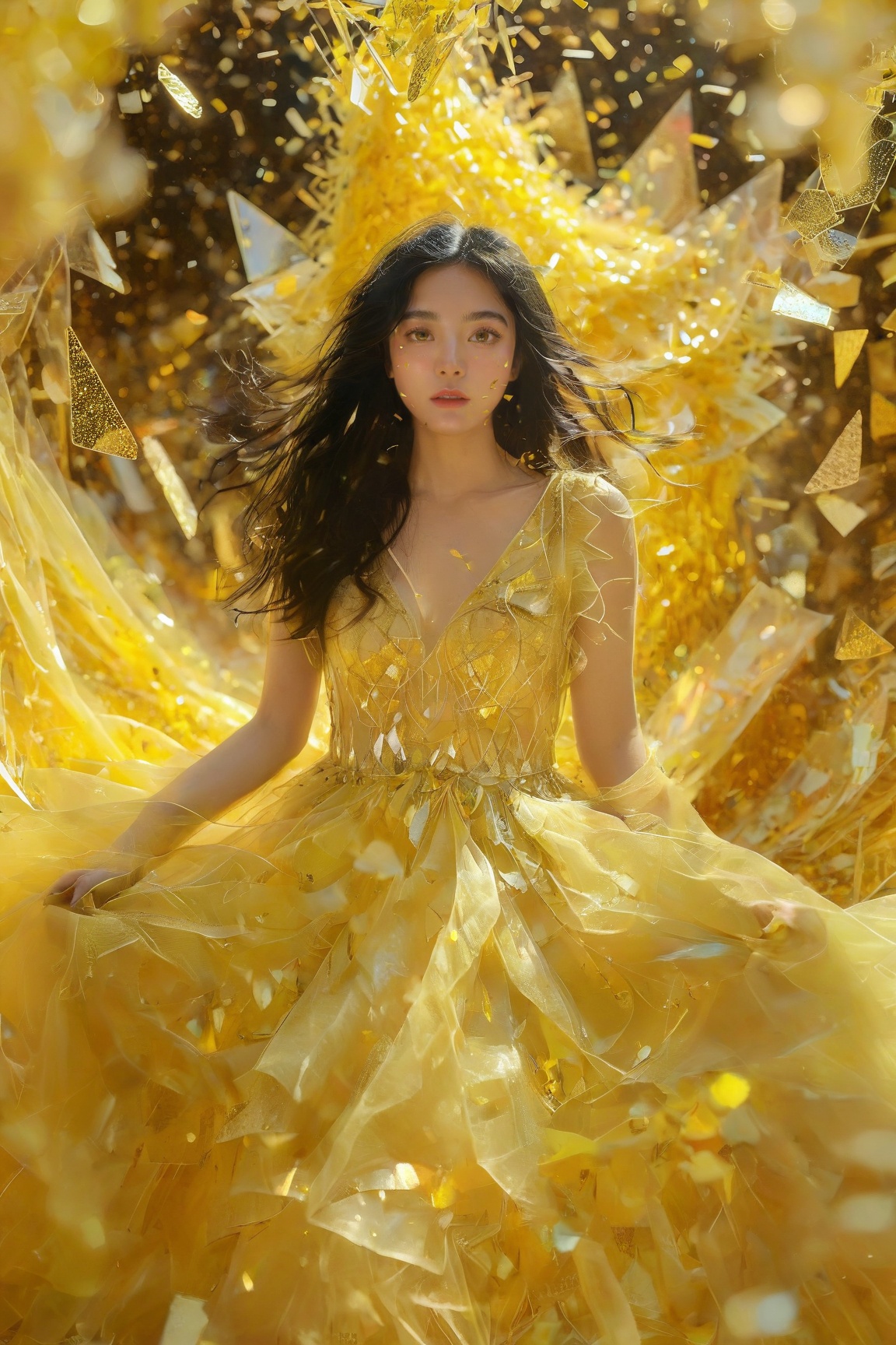 A young woman with long,  flowing black hair amidst a vibrant backdrop of golden shards or confetti. She wears a transluce...