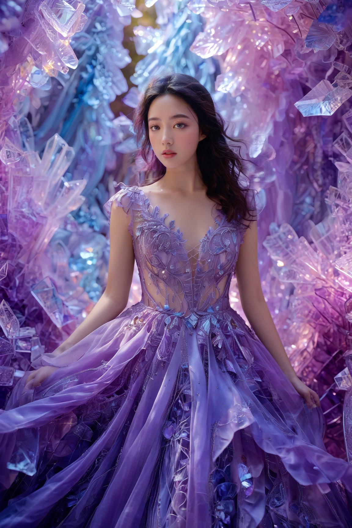 A young woman surrounded by vibrant,  crystalline structures. She wears a flowing,  purple gown adorned with intricate lac...