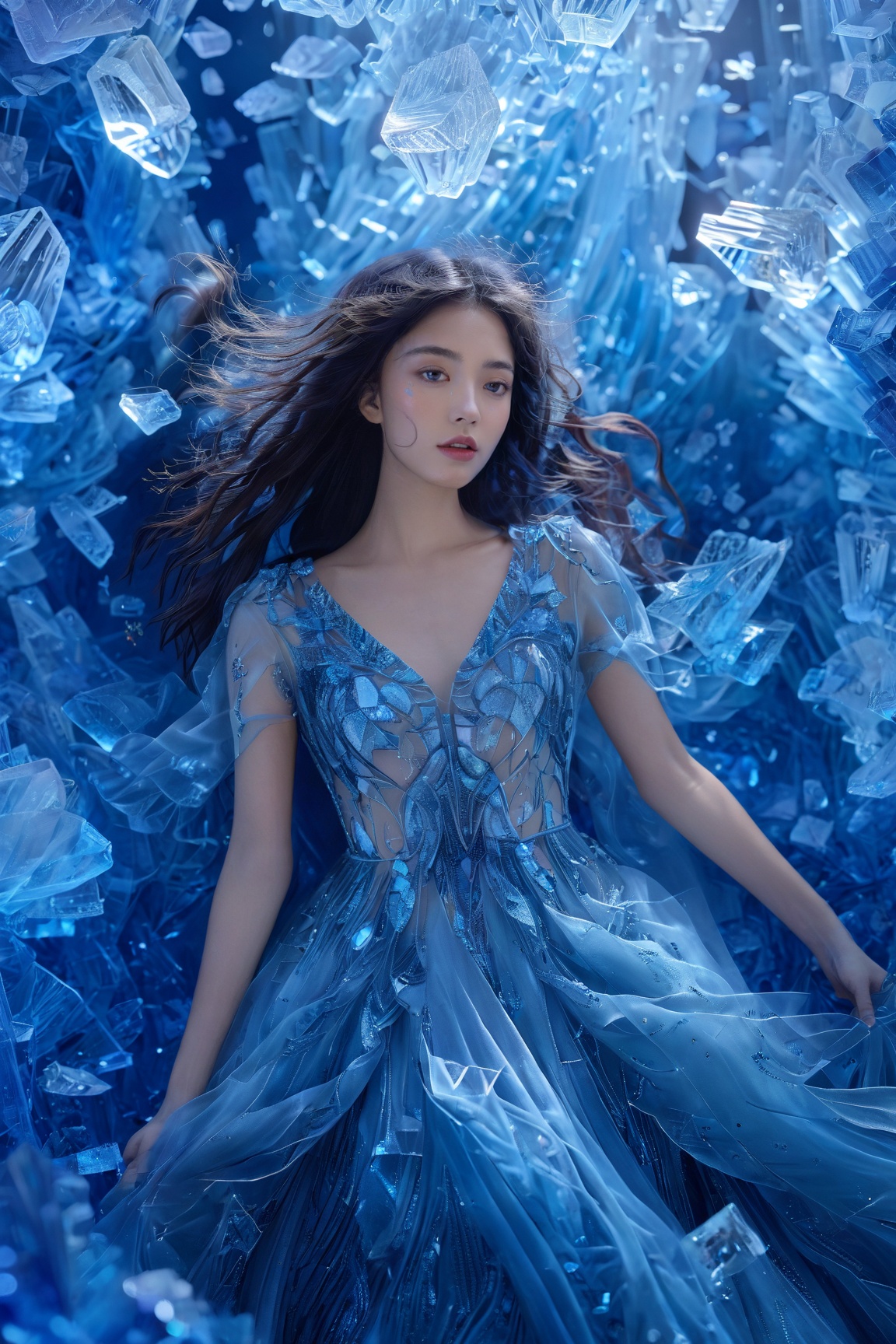 A woman surrounded by shattered blue crystals,  floating amidst a vibrant blue backdrop. She wears a sparkling blue dress...