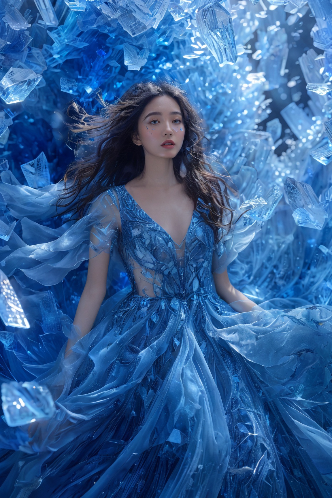A woman surrounded by shattered blue crystals,  floating amidst a vibrant blue backdrop. She wears a sparkling blue dress...