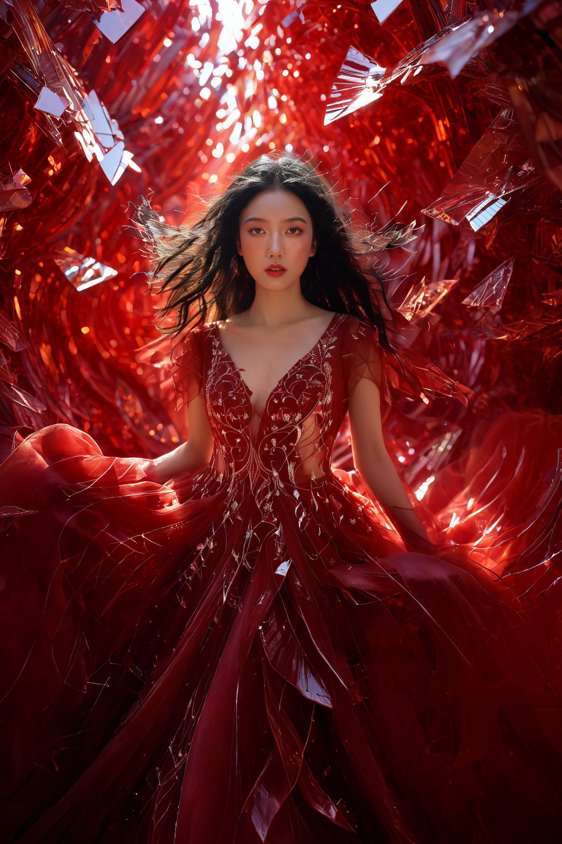 A young woman amidst a vibrant,  shattered red backdrop. She wears a flowing red gown with intricate white patterns. Her l...