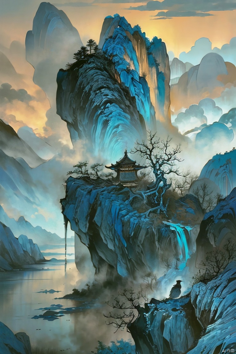 (blue theme:1.3), scenery, tree, water, architecture, mountain, cloud, bird, nature, masterpiece, best qualitylandscape,GuoFengTangBoHu