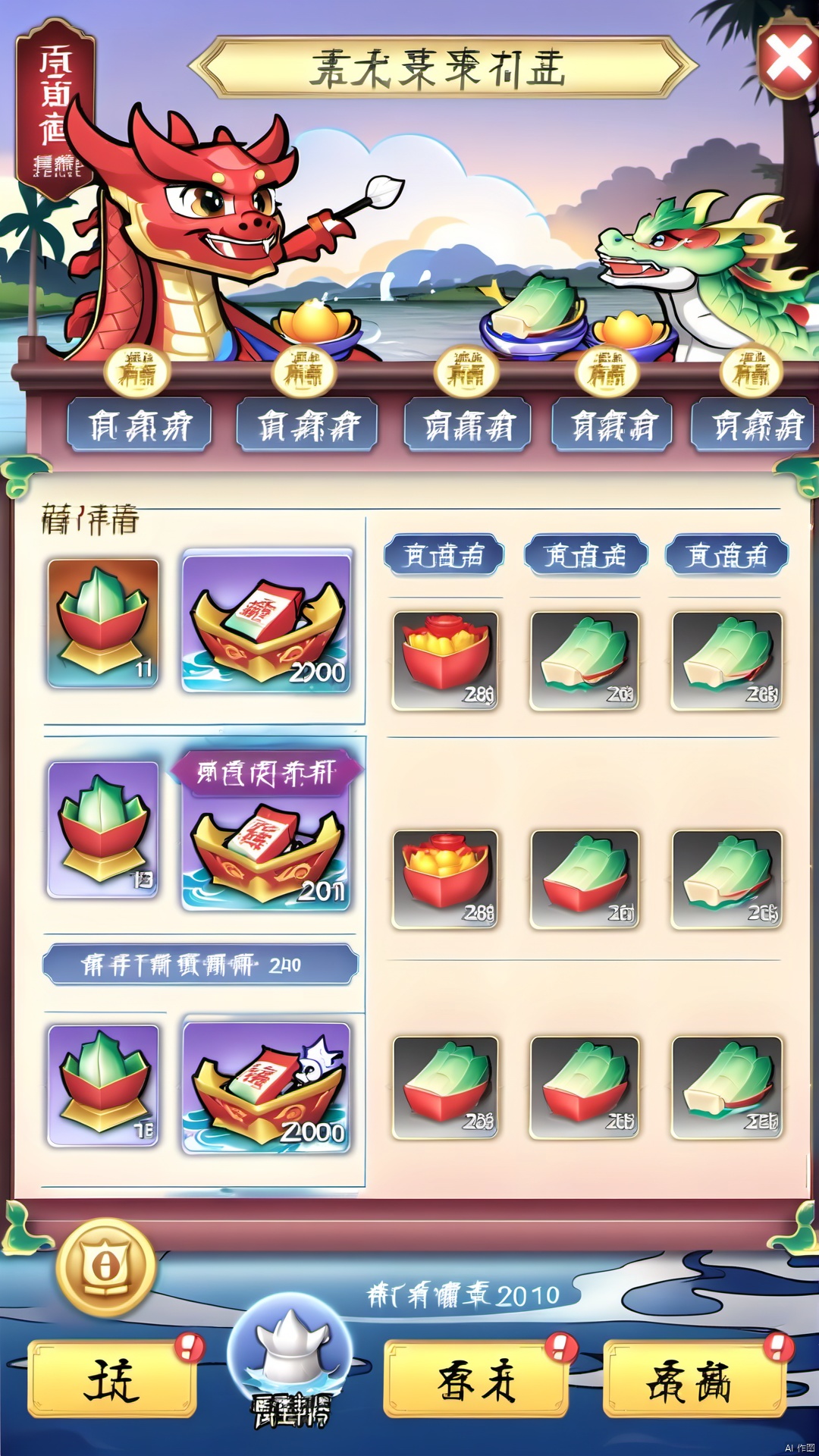 In the special event interface,players feel as if they are in a dynamic dragon boat race scene: on the ripening lake,several exquisite dragon boats are competing fiercely,with the sound of drums and a warm atmosphere. At the bottom of the interface are the activity taskbar and reward buttons,designed to resemble dragon boat and water wave patterns,each time the button is clicked,it will be accompanied by water splashing and dragon boat racing effects. Activities include dragon boat racing,picking zongzi leaves and making dragon boat models. The progress of activities on the left side of the interface is in the background of the dragon boat racing picture. The dragon boat gradually approaches the end as the tasks are completed