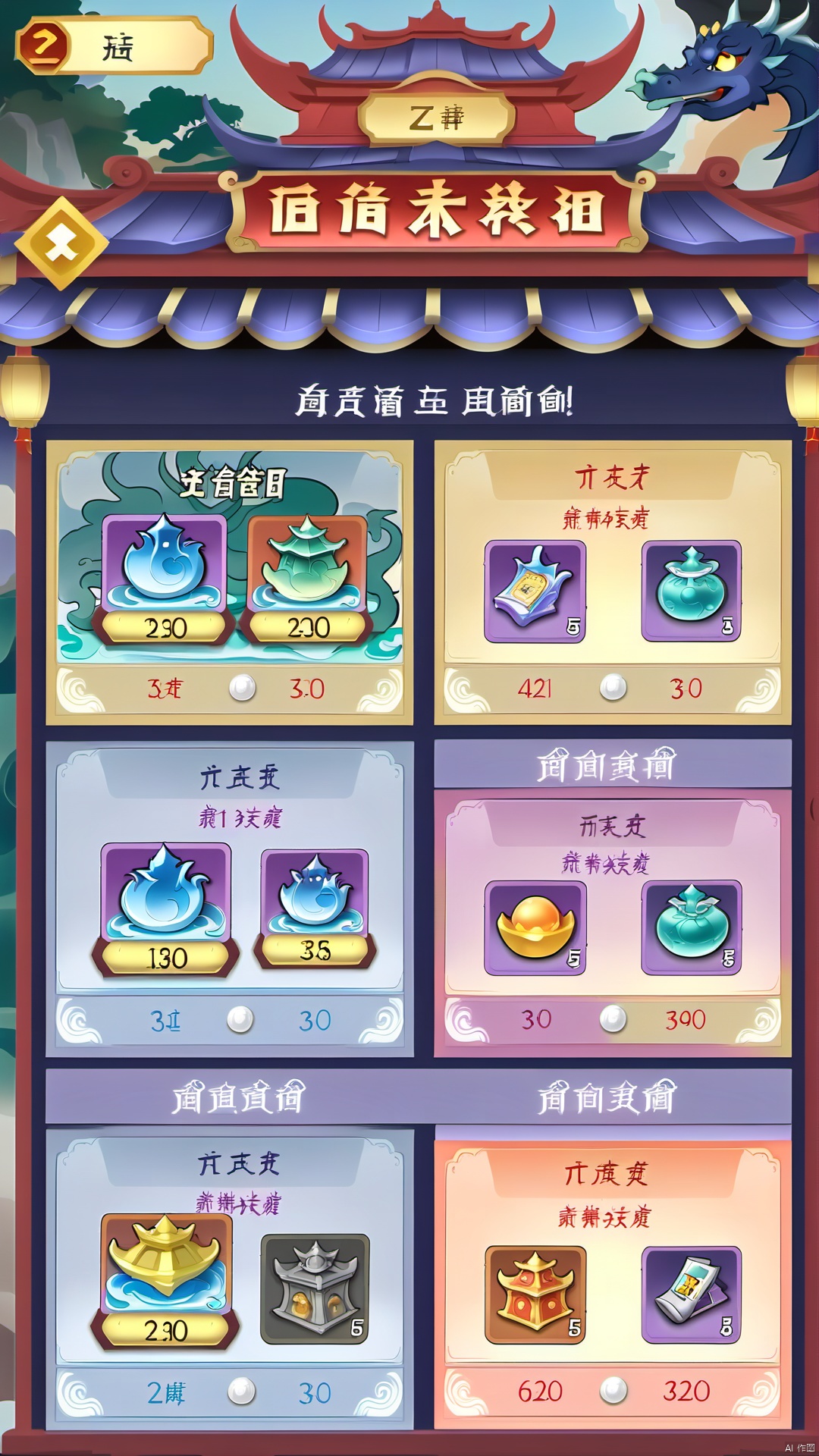 The fantasy ink-style activity interface shows the mysterious blue sea Dragon Palace: the water is sparkling,the coral is covered,the dragon Palace building is faintly visible. The circular taskbar and reward buttons are designed in waves and dragon patterns,and the dynamic effects of tumbling waves and flashing dragon shadows add visual impact when completing tasks. On the left is the Legend Wall of the Dragon Palace,which displays mythological stories and ink paintings related to the Dragon Palace. The activity shop on the right,designed as a round conch,offers activity-limited Dragon Palace treasures and ink scroll rewards