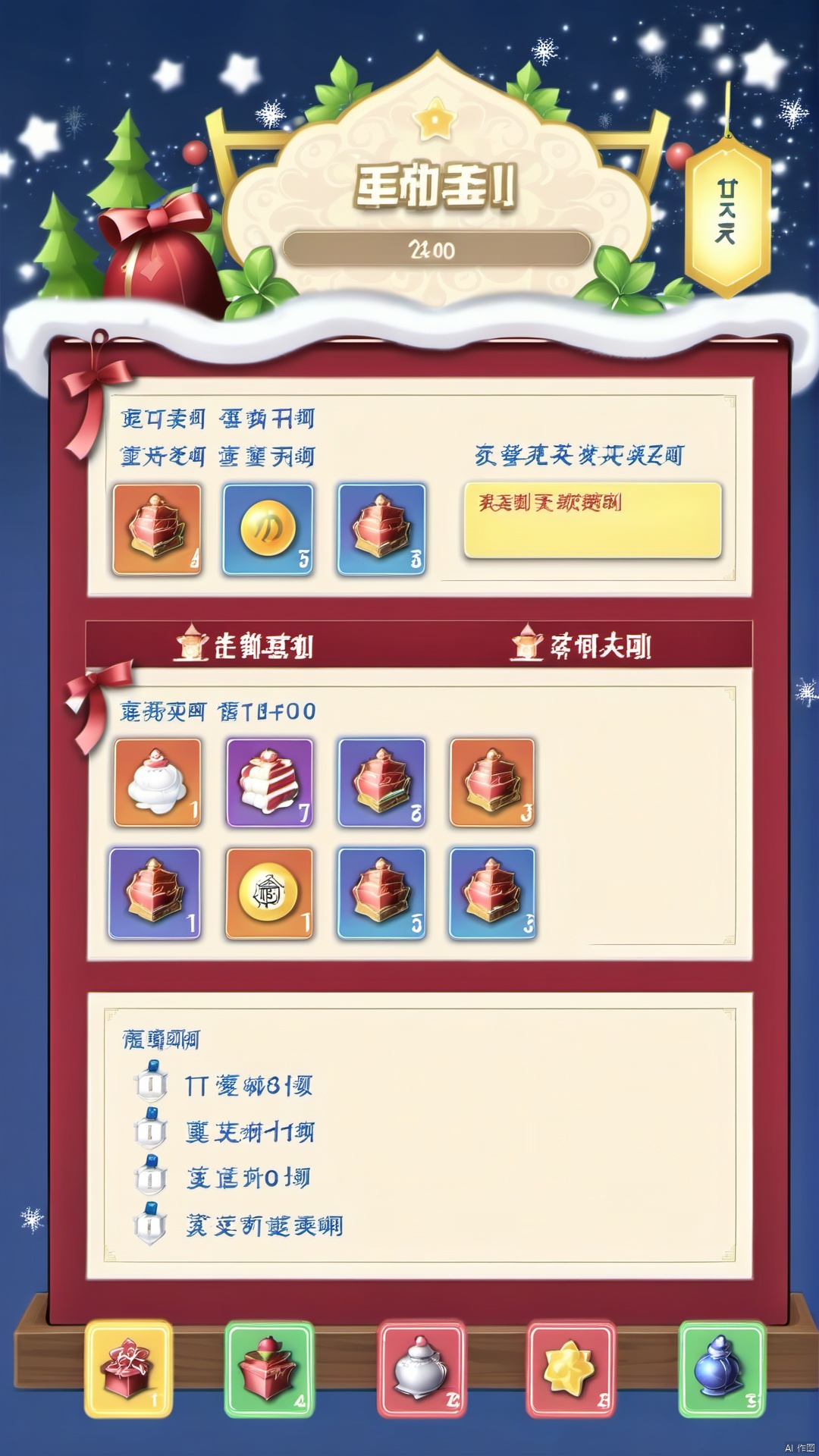 The center pop-up frame is designed to look like a holiday card and is decorated with ribbons and bells around the edges. The pop-up box displays the current holiday tasks and reward list. On the left side are completed tasks and holiday props obtained, while on the right side are tasks to be completed and reward tips. There is a "Receive Reward" button below. After clicking, the pop-up box will play a holiday animation