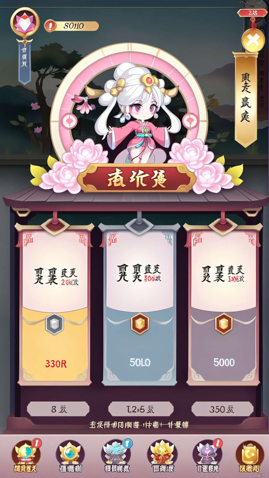 Antique style,top-notch,game interface (activity interface),game mechanism,tags,buttons,1Girl,Hanfu,long hair,curly white hair,phoenix crown,wearing peony on the head,head up,eyes,solo,pink seven dresses,long cloak,wide sleeves,red shoulder straps,handheld folding fan,sleeve dance,flower petals,full body display,currency bar,tags,back in the upper right corner,progress bar,buttons,paper background,English text,8k,high quality,exquisite details,High resolution,4k,8k,
