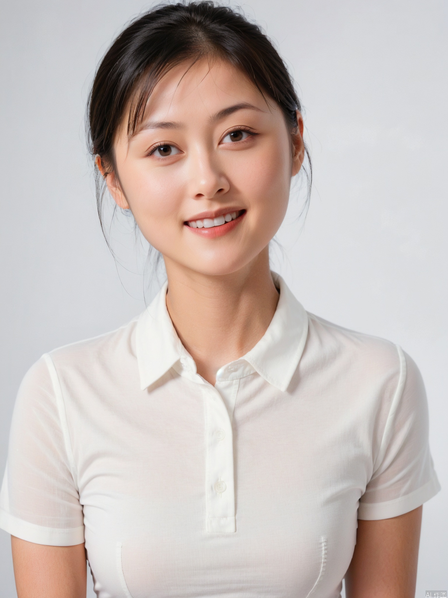 1girl, solo, looking at viewer, smile, short hair, simple background, shirt, black hair, white background, brown eyes, white shirt, upper body, teeth, collared shirt, grin, black eyes, lips, realistic, stewardess,multiplegirls