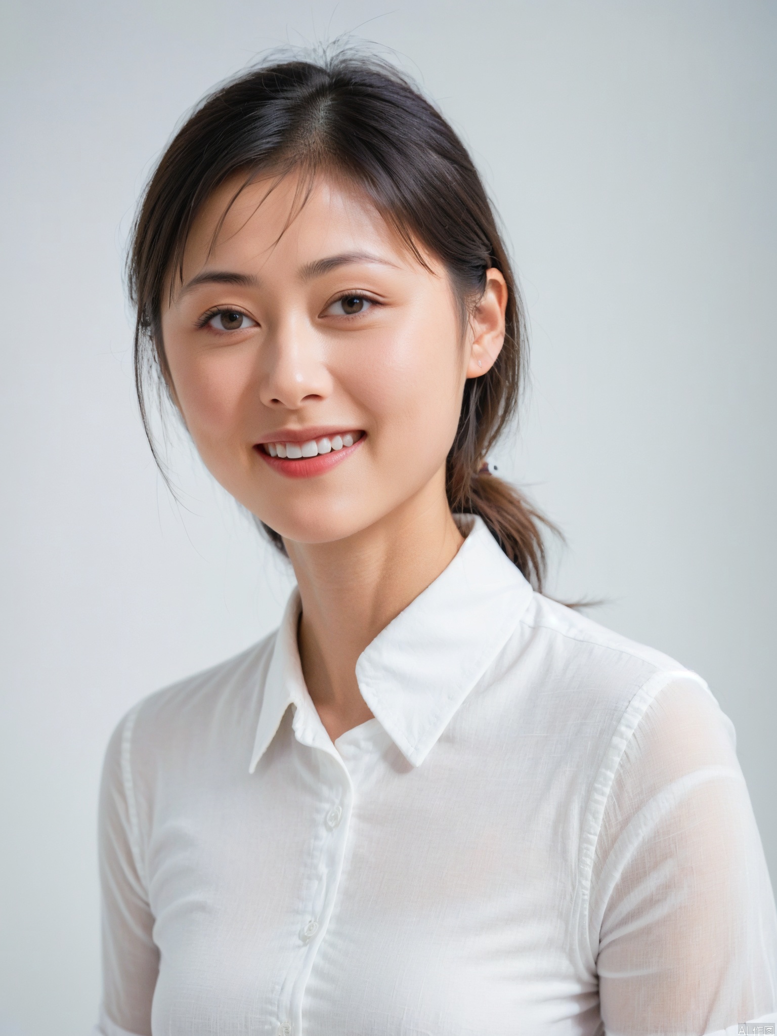 1girl, solo, looking at viewer, smile, short hair, simple background, shirt, black hair, white background, brown eyes, white shirt, upper body, teeth, collared shirt, grin, black eyes, lips, realistic, stewardess,multiplegirls
