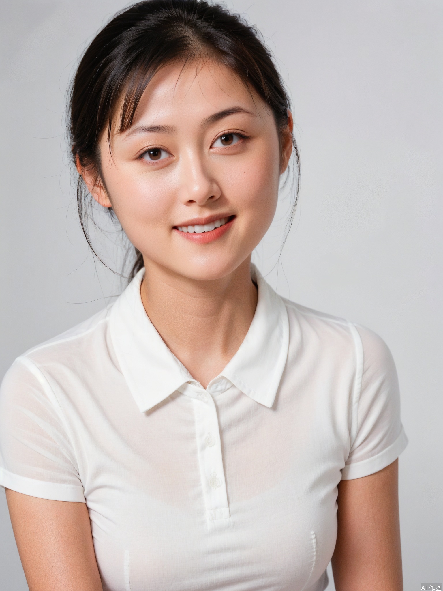 1girl, solo, looking at viewer, smile, short hair, simple background, shirt, black hair, white background, brown eyes, white shirt, upper body, teeth, collared shirt, grin, black eyes, lips, realistic, stewardess,multiplegirls