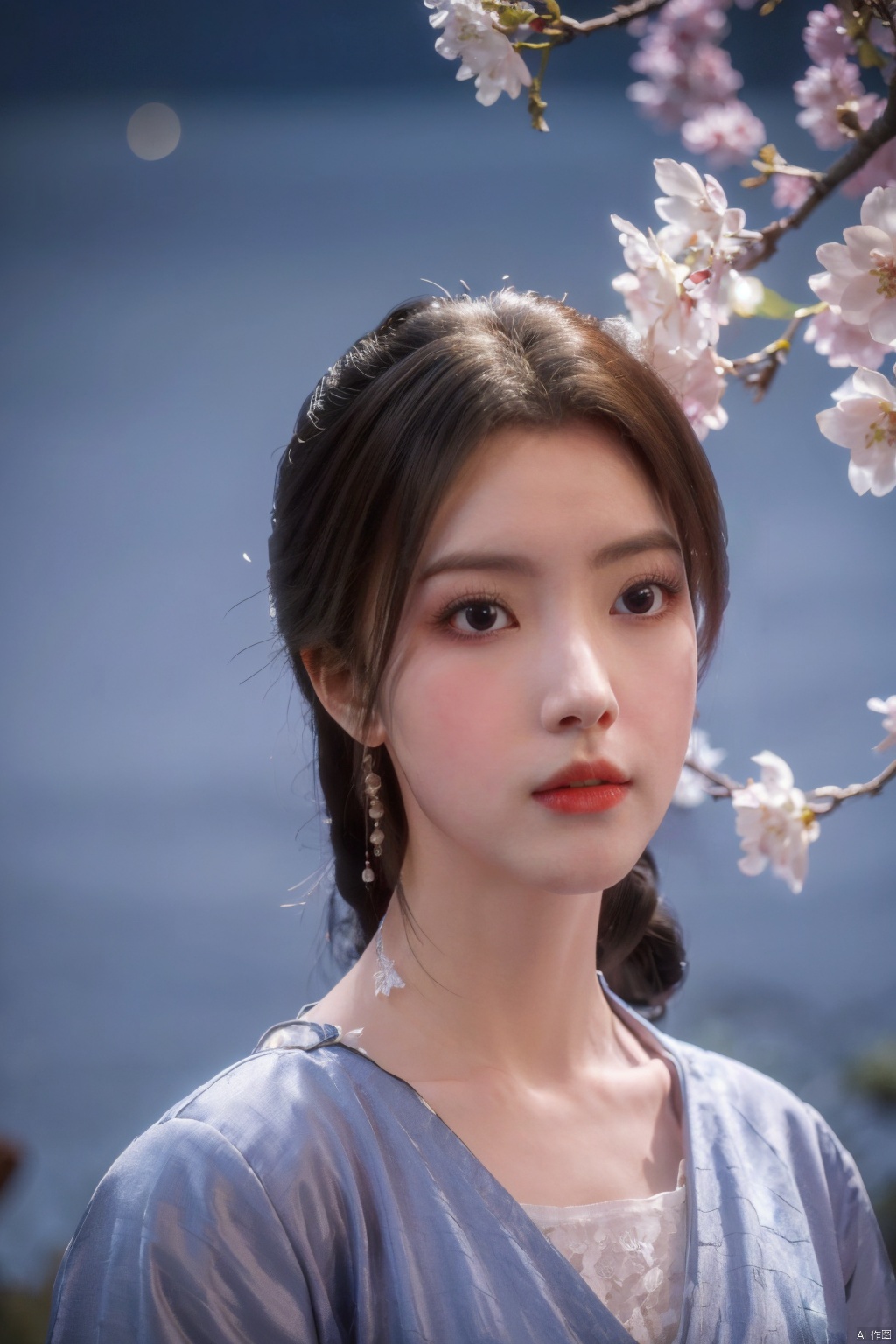  Upper body, panoramic view, exploring cherry blossom branches, fairyland, light blue elements, night, side light shining on the face,Xlujiejie,Xyunxi, Xlongnv, Yunxiao_Fairy,Xtianhu,1girl