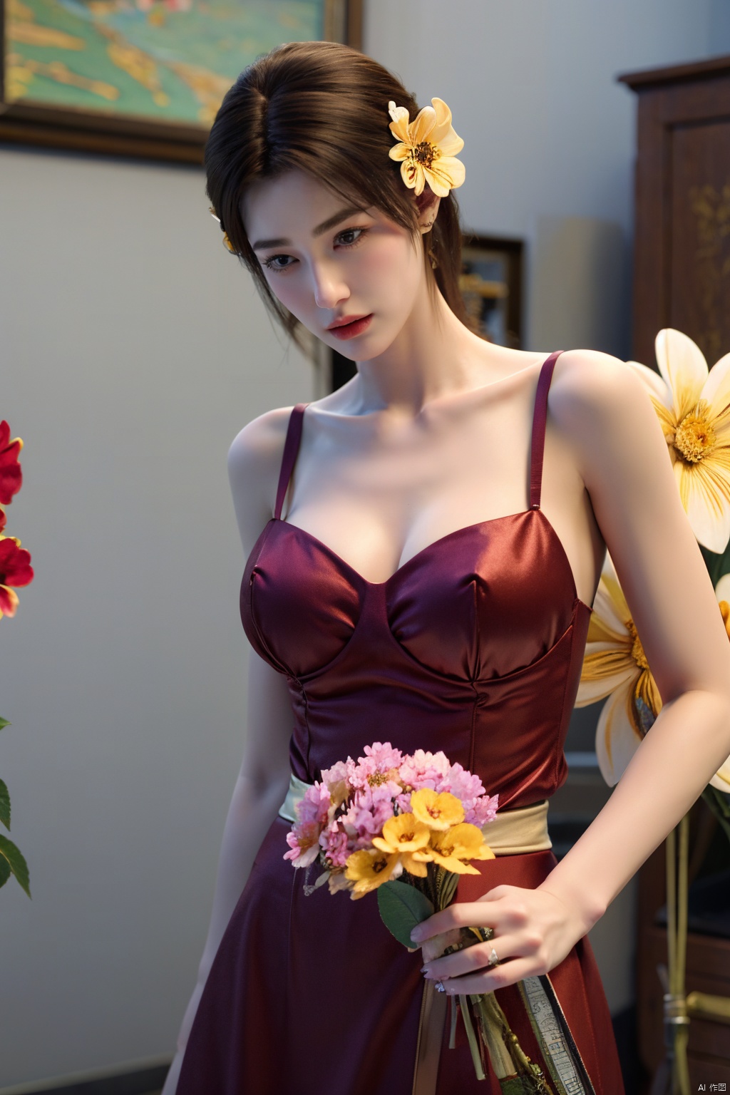 masterpiece,1girl, (big breasts:1.23),(Flowers:1.69),Xdie