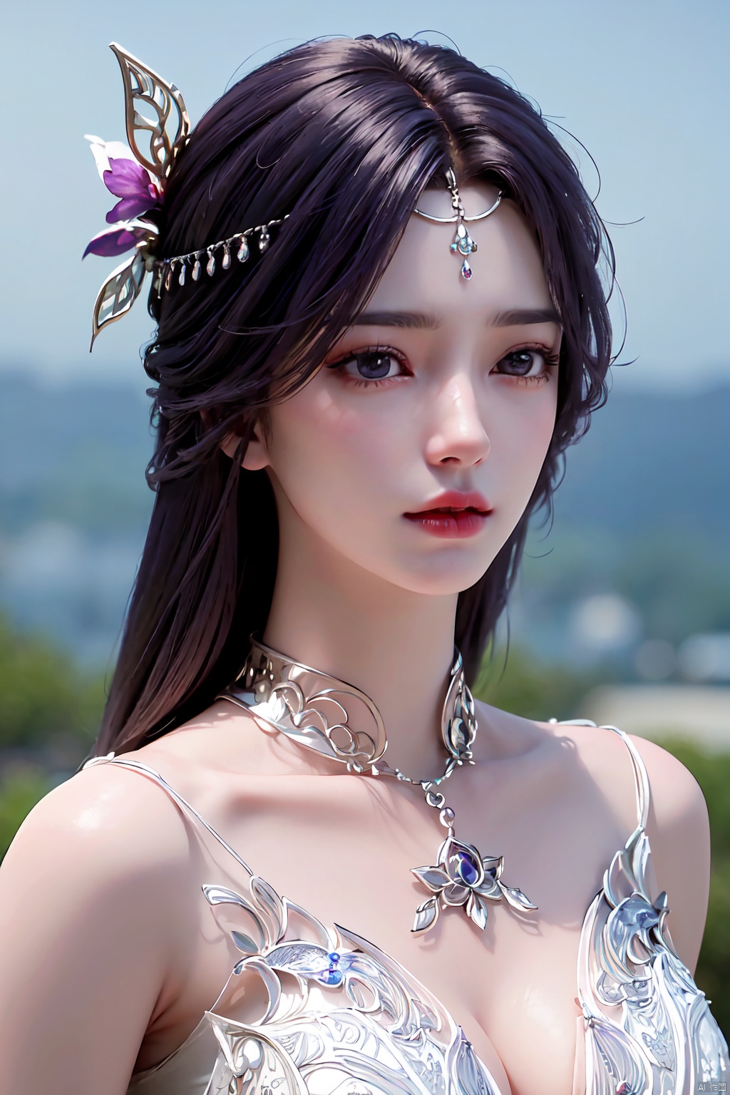 masterpiece, best quality,1girl, hair ornament, solo, long hair, blurry background, realistic, flower,upper body, blurry, closed mouth, lips,xyunxi,Xyunxi