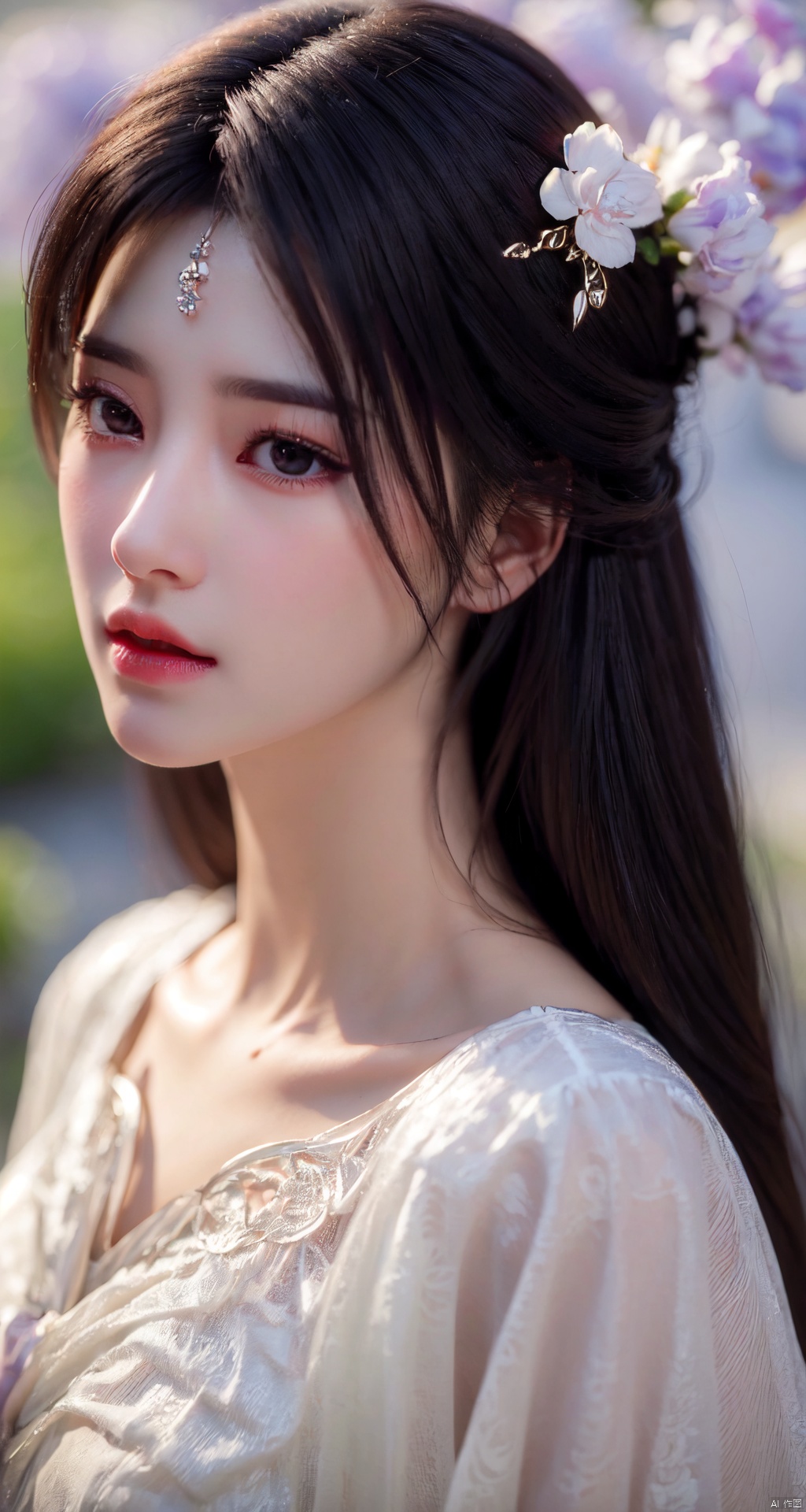 masterpiece, best quality,1girl, hair ornament, solo, long hair, blurry background, realistic, flower,upper body, blurry, closed mouth, lips,xyunxi,Xyunxi