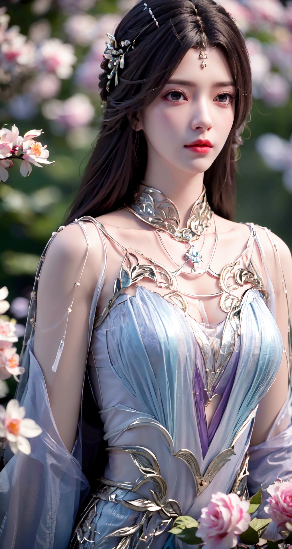 masterpiece, best quality,1girl, hair ornament, solo, long hair, full_body, realistic, flower,upper body, blurry, closed mouth, lips,xyunxi,Xyunxi, Xlongnv,Xxiyouqin,Xliushen,Xhuolinger,Xyupopo