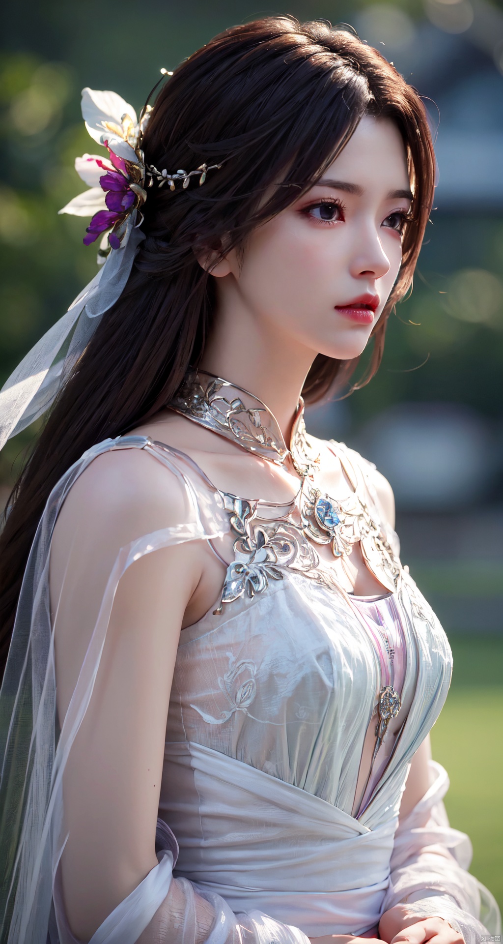 masterpiece, best quality,1girl, hair ornament, solo, long hair, blurry background, realistic, flower,upper body, blurry, closed mouth, lips,xyunxi,Xyunxi