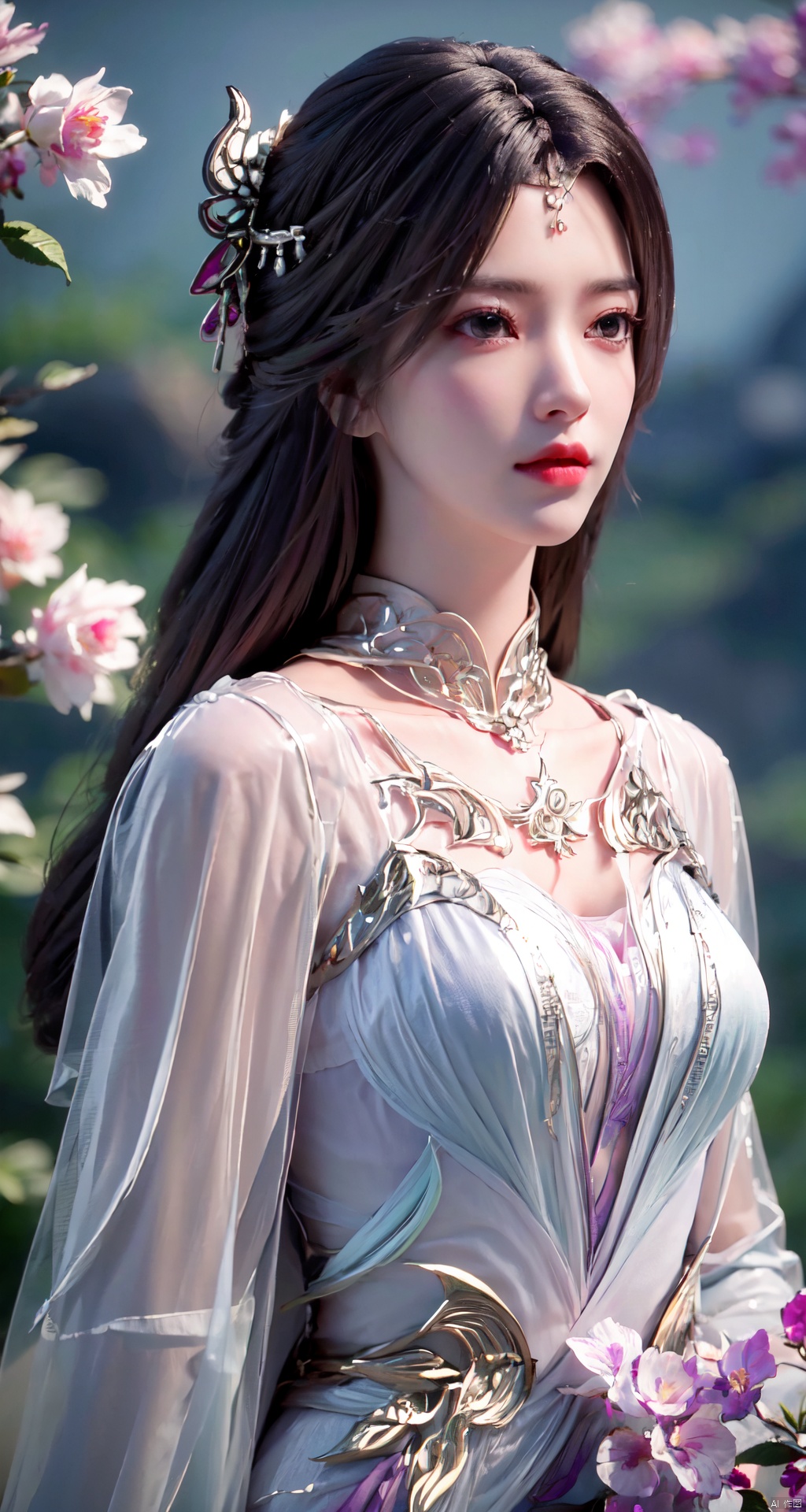 masterpiece, best quality,1girl, hair ornament, solo, long hair, full_body, realistic, flower,upper body, blurry, closed mouth, lips,xyunxi,Xyunxi, Xlongnv,Xxiyouqin,Xliushen,Xhuolinger,Xyupopo