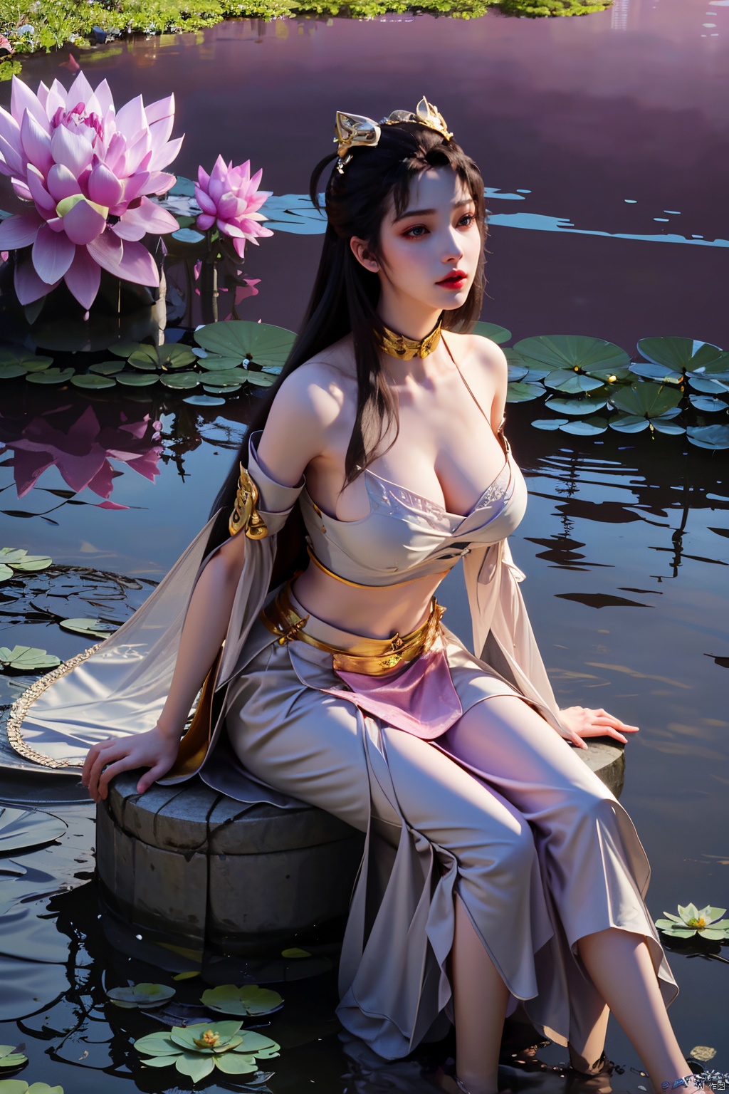 masterpiece,1girl,tall body,full  body,(Sitting on the grass by the river:1.56), (lotus pond full of lotus flowers:1.59), (big breasts:1.39),(Flowers:1.69), tianhu,